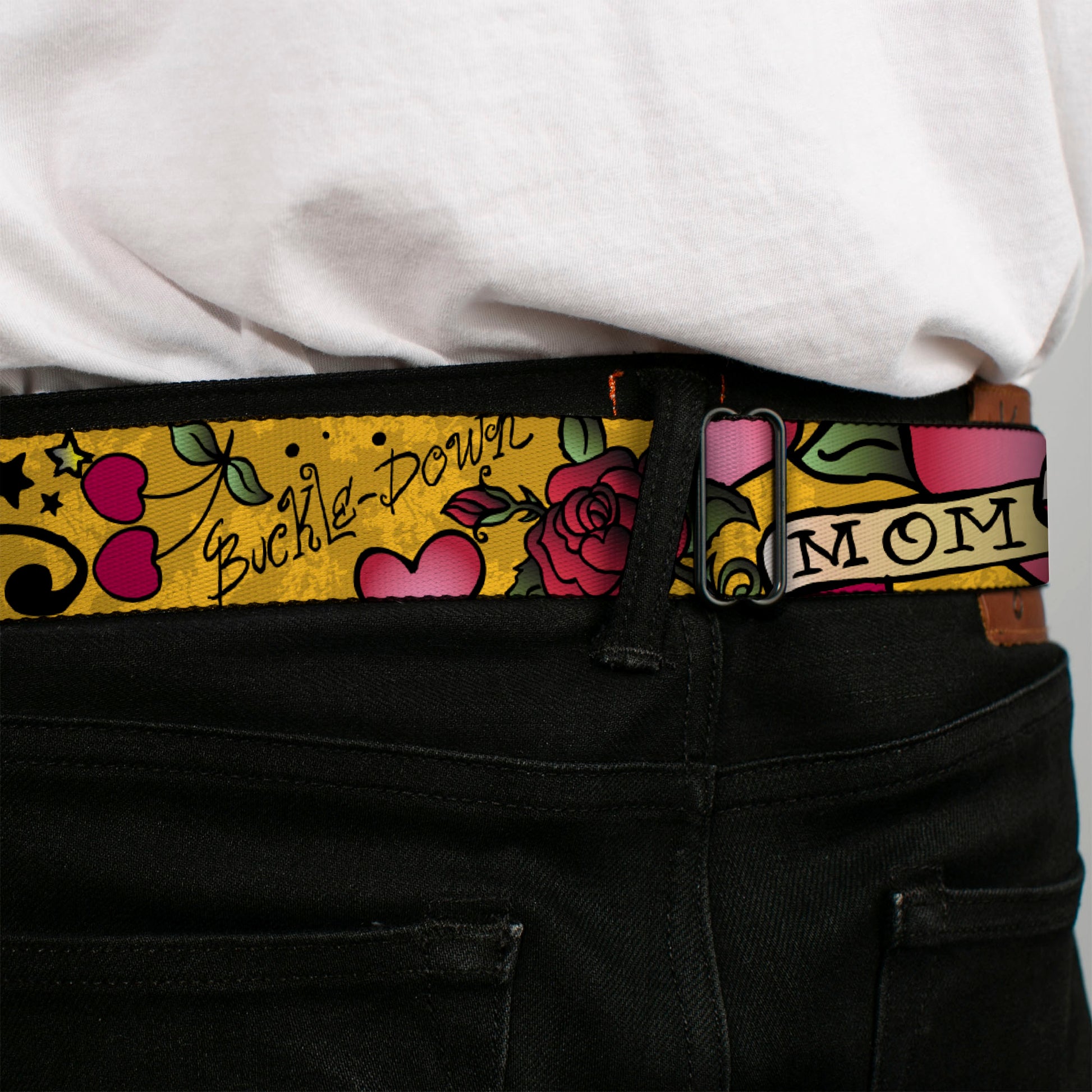 BD Wings Logo CLOSE-UP Full Color Black Silver Seatbelt Belt - Mom & Dad Yellow Webbing Seatbelt Belts Buckle-Down