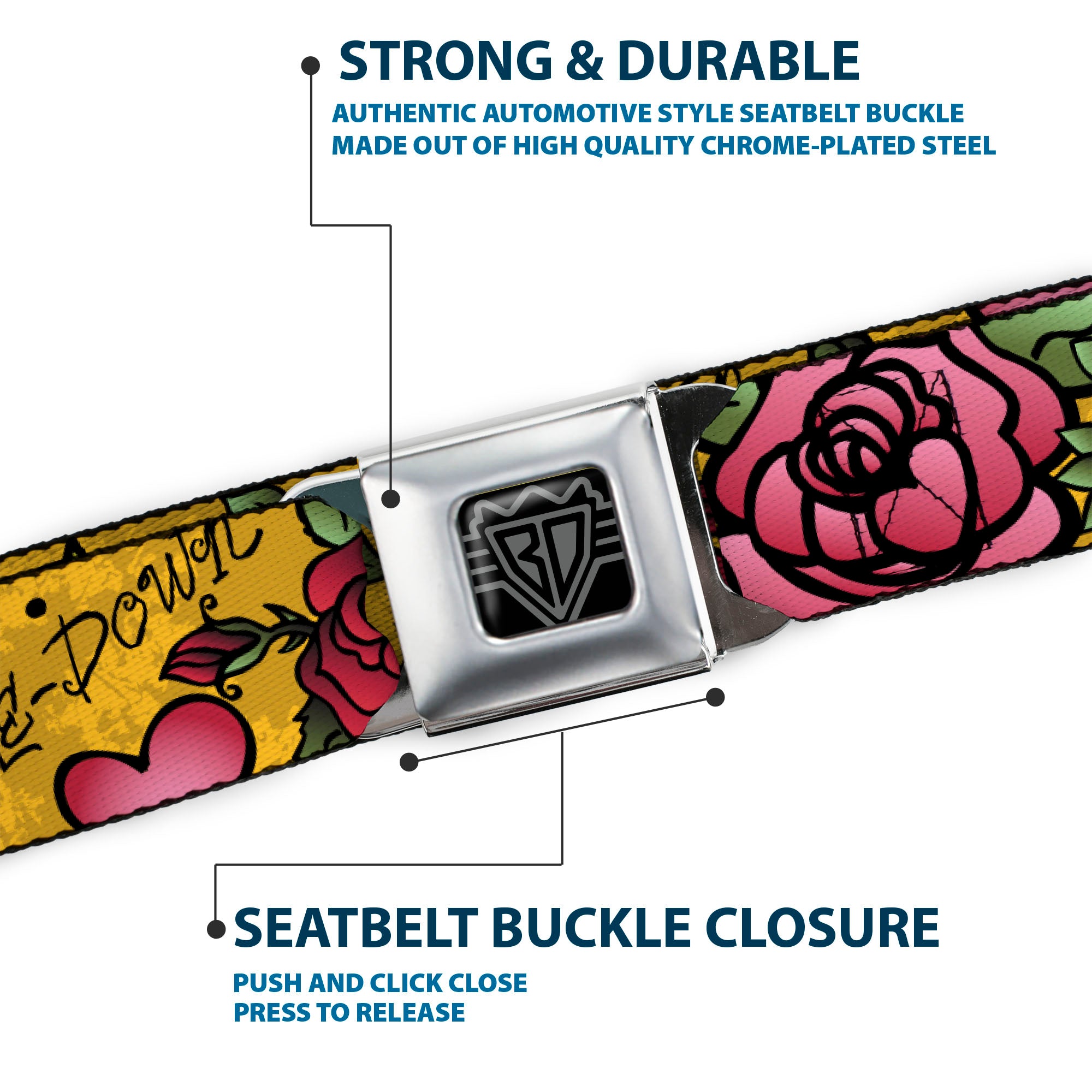 BD Wings Logo CLOSE-UP Full Color Black Silver Seatbelt Belt - Mom & Dad Yellow Webbing Seatbelt Belts Buckle-Down