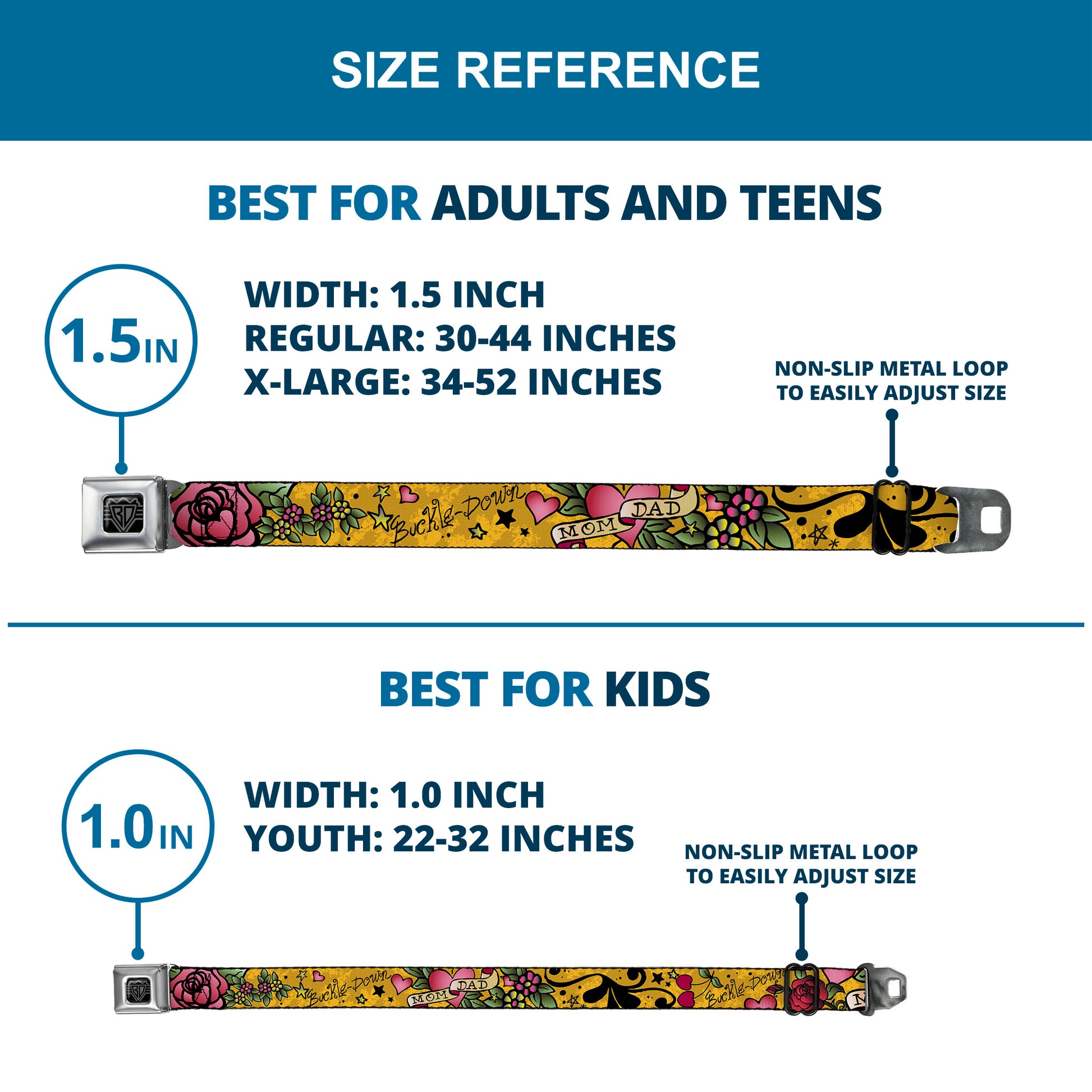 BD Wings Logo CLOSE-UP Full Color Black Silver Seatbelt Belt - Mom & Dad Yellow Webbing Seatbelt Belts Buckle-Down