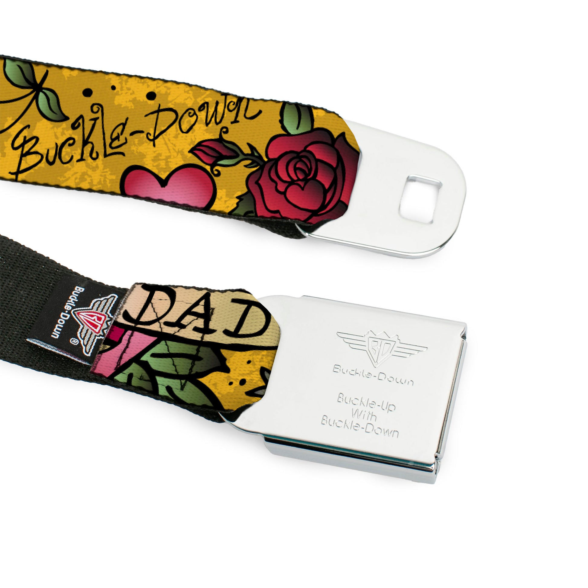 BD Wings Logo CLOSE-UP Full Color Black Silver Seatbelt Belt - Mom & Dad Yellow Webbing Seatbelt Belts Buckle-Down