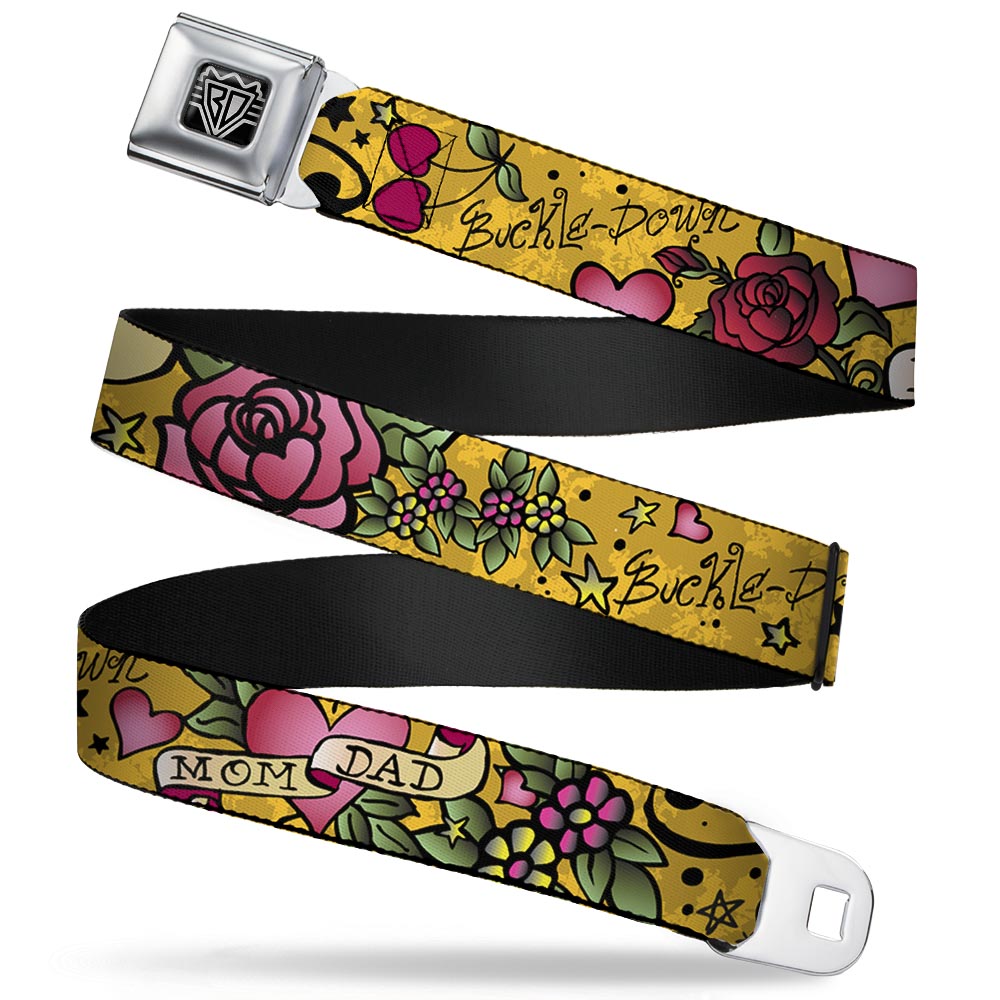 BD Wings Logo CLOSE-UP Full Color Black Silver Seatbelt Belt - Mom & Dad Yellow Webbing Seatbelt Belts Buckle-Down