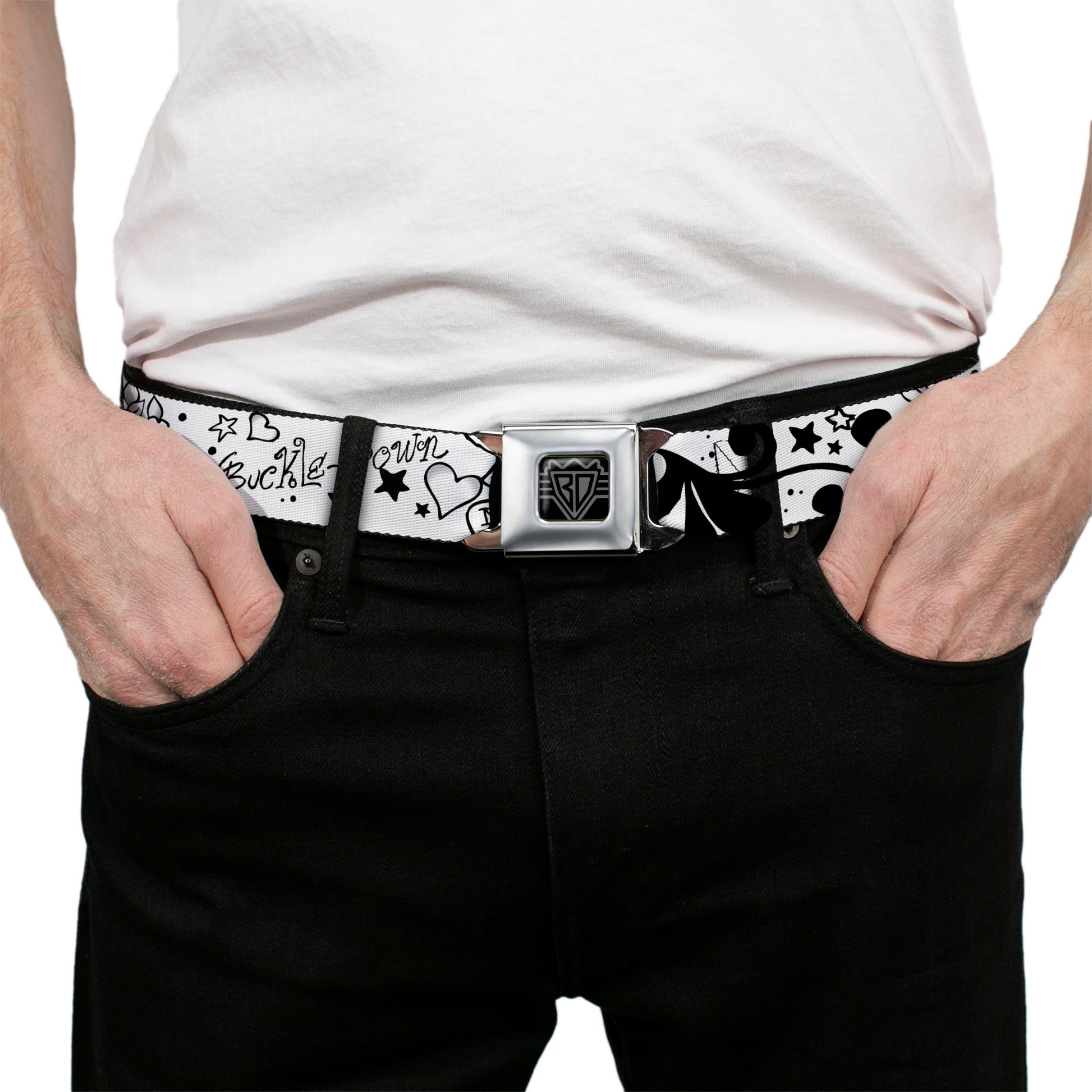 BD Wings Logo CLOSE-UP Full Color Black Silver Seatbelt Belt - Mom & Dad Black/White Webbing Seatbelt Belts Buckle-Down