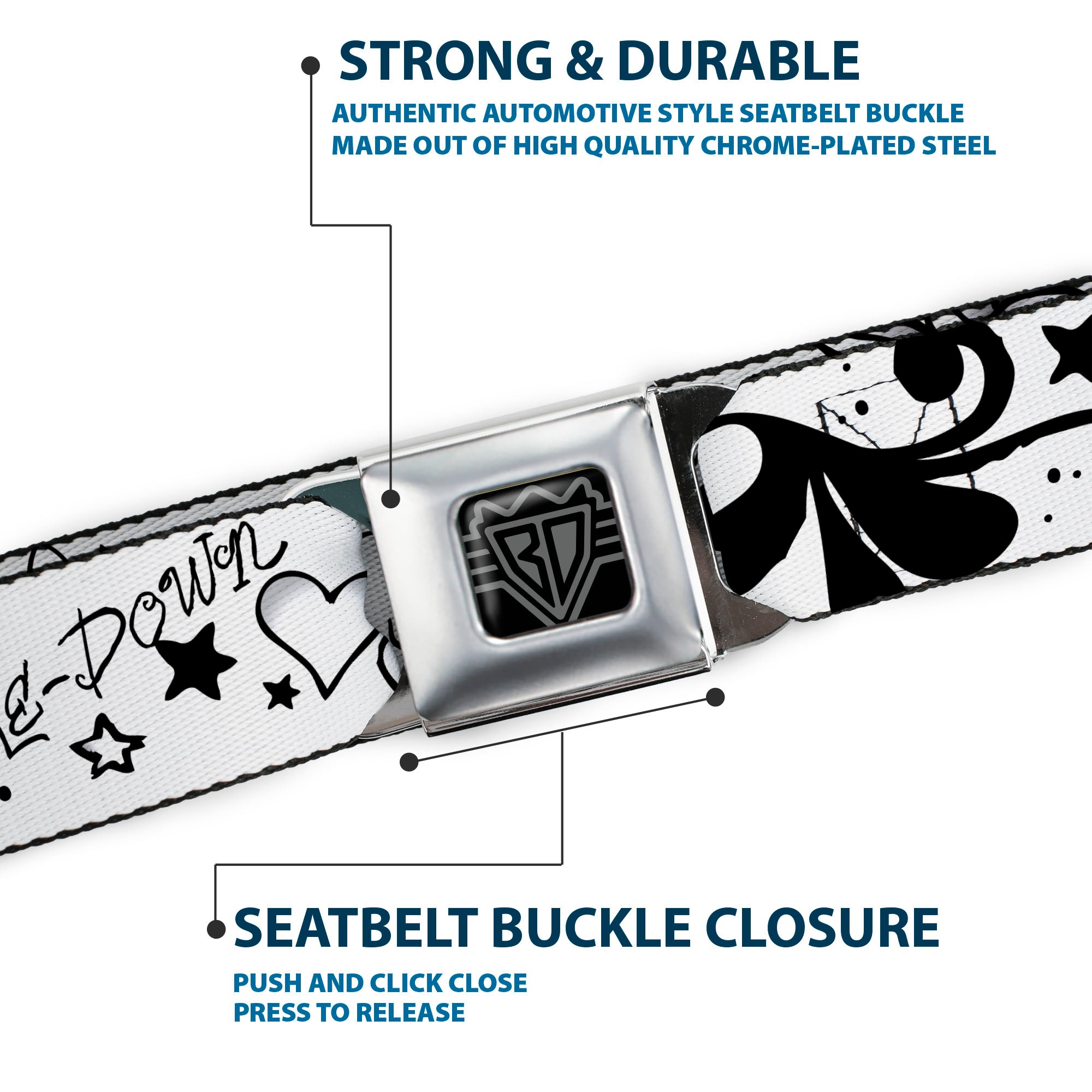 BD Wings Logo CLOSE-UP Full Color Black Silver Seatbelt Belt - Mom & Dad Black/White Webbing Seatbelt Belts Buckle-Down