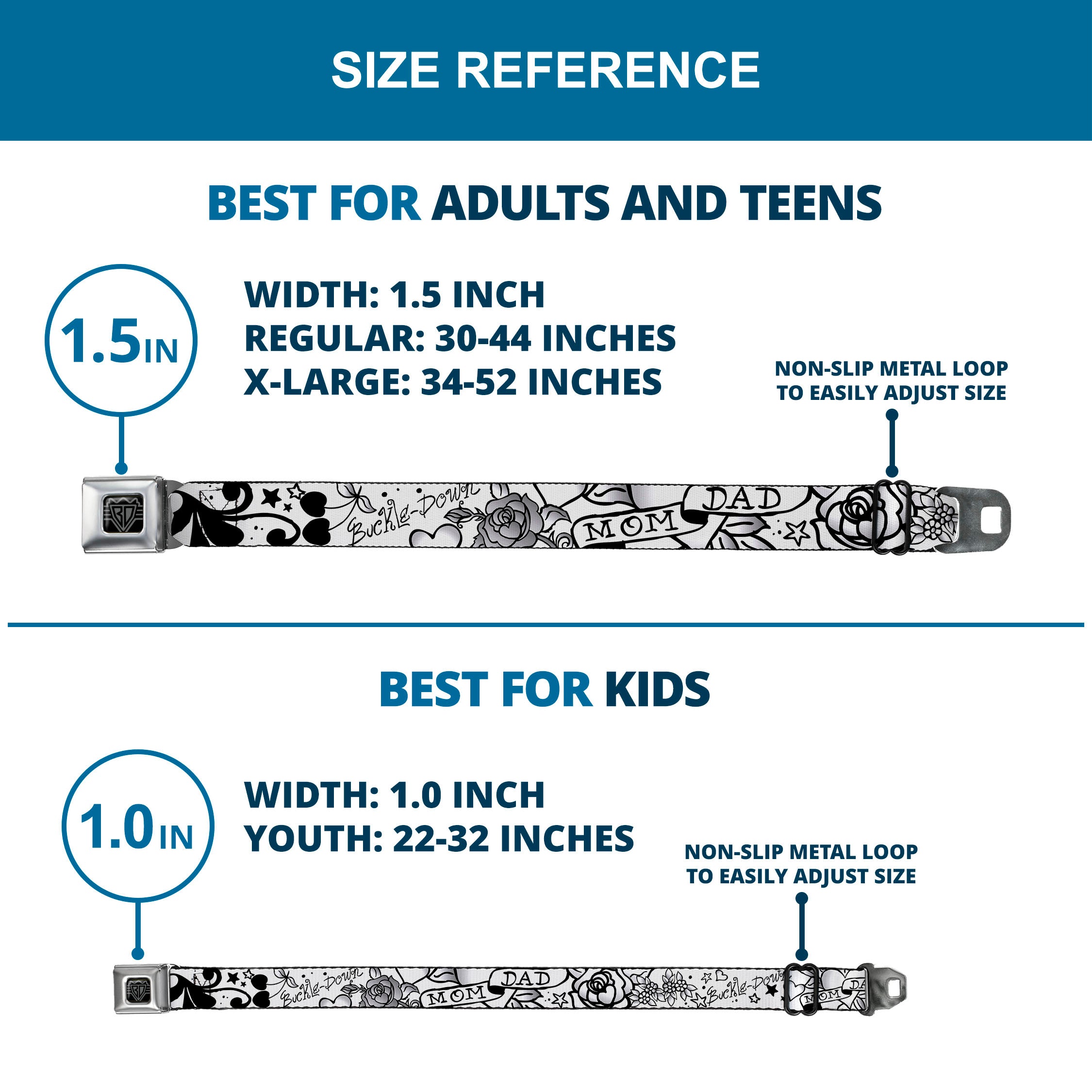 BD Wings Logo CLOSE-UP Full Color Black Silver Seatbelt Belt - Mom & Dad Black/White Webbing Seatbelt Belts Buckle-Down