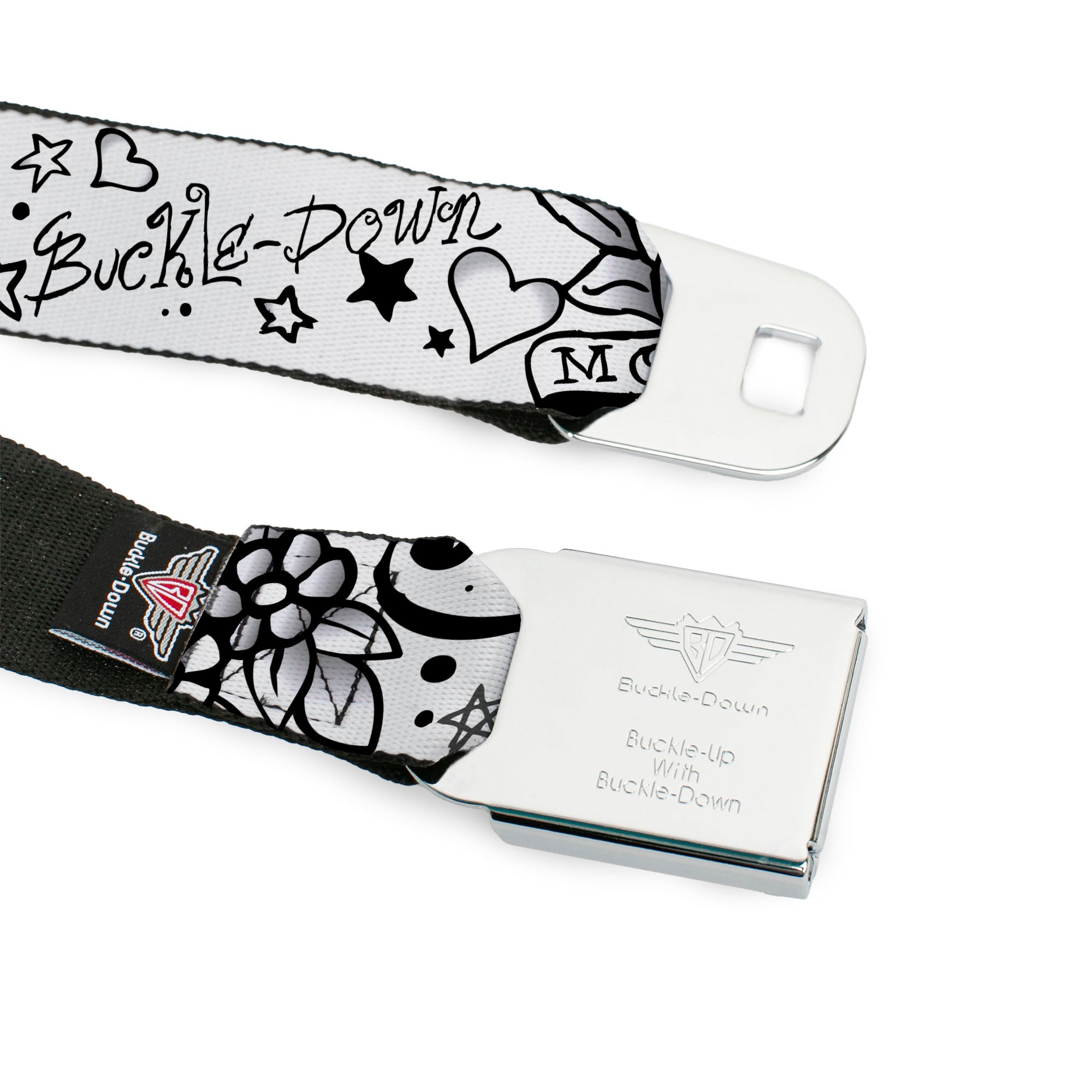 BD Wings Logo CLOSE-UP Full Color Black Silver Seatbelt Belt - Mom & Dad Black/White Webbing Seatbelt Belts Buckle-Down