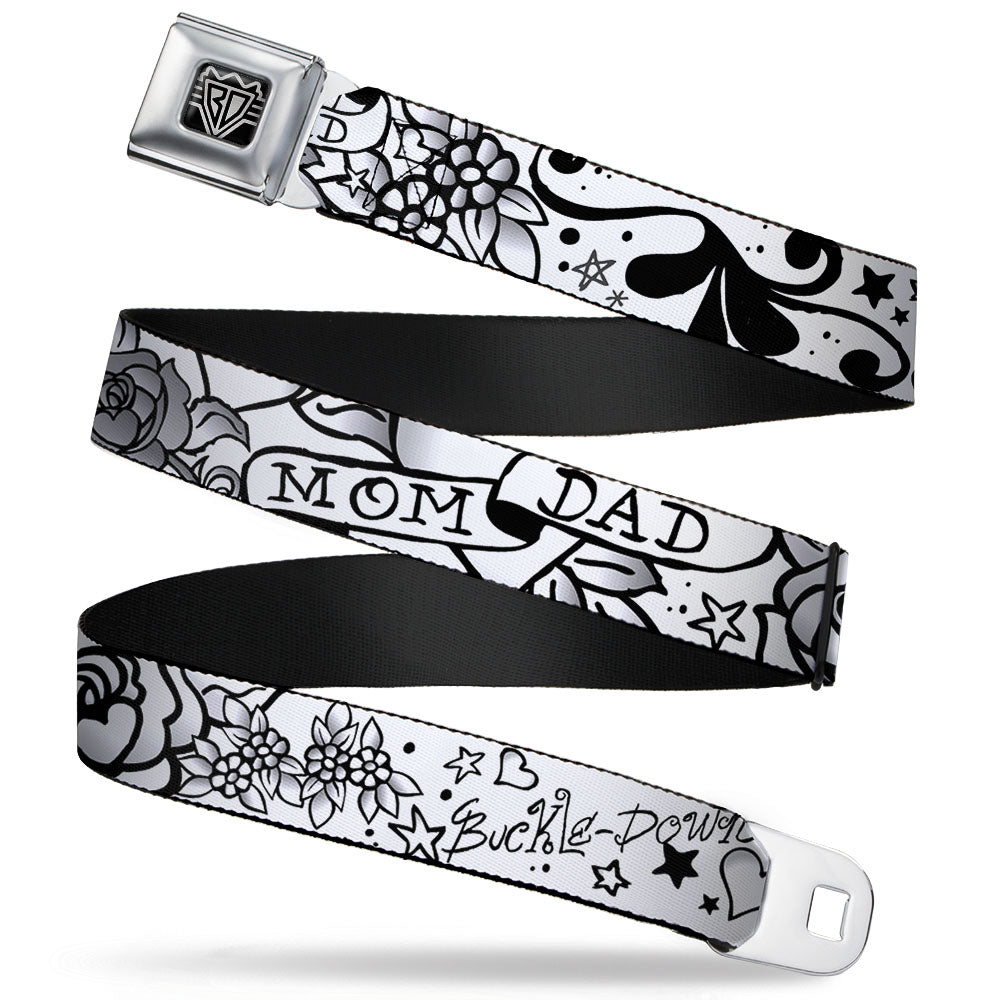 BD Wings Logo CLOSE-UP Full Color Black Silver Seatbelt Belt - Mom & Dad Black/White Webbing Seatbelt Belts Buckle-Down
