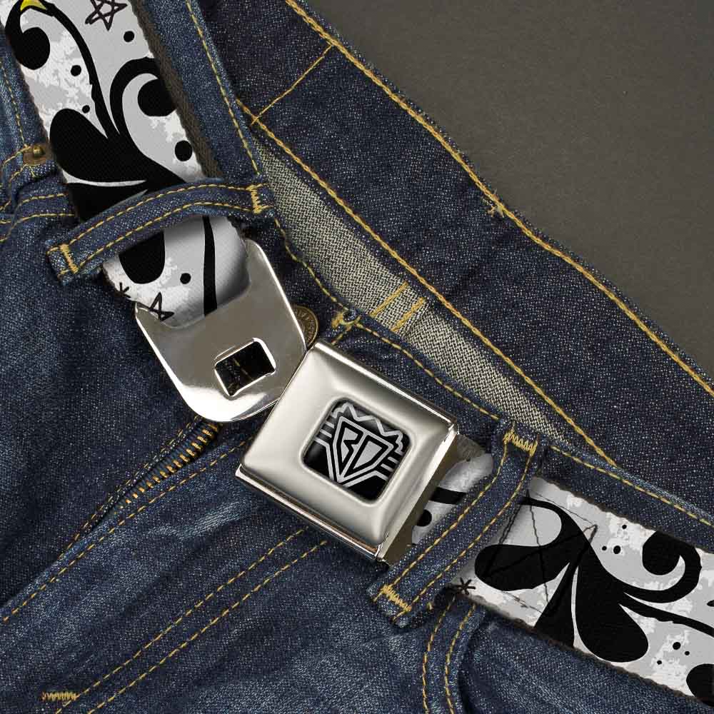 BD Wings Logo CLOSE-UP Full Color Black Silver Seatbelt Belt - Mom & Dad CLOSE-UP White Webbing Seatbelt Belts Buckle-Down
