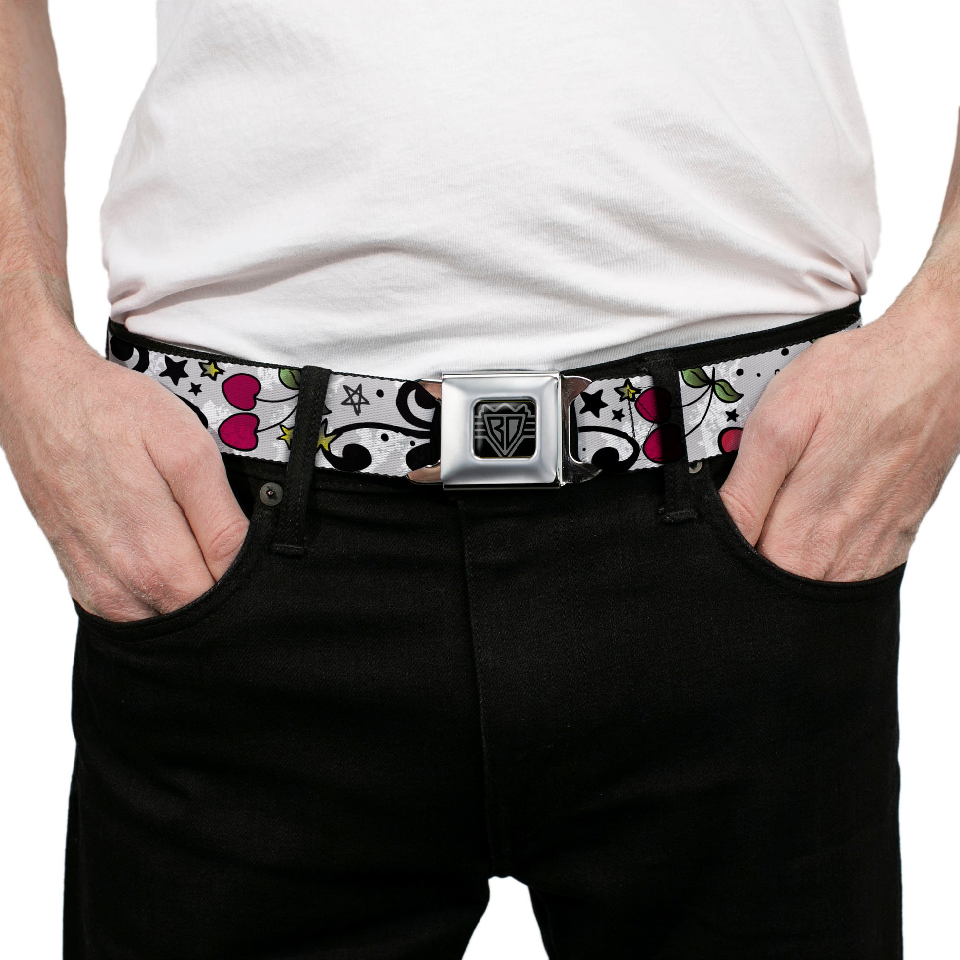 BD Wings Logo CLOSE-UP Full Color Black Silver Seatbelt Belt - Mom & Dad CLOSE-UP White Webbing Seatbelt Belts Buckle-Down