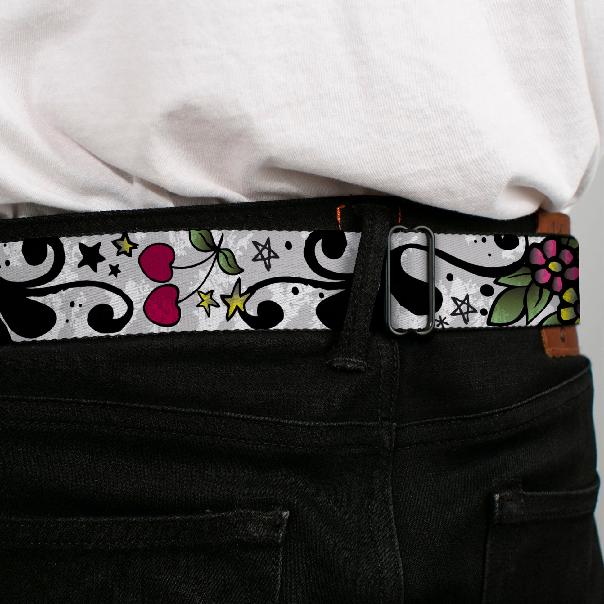 BD Wings Logo CLOSE-UP Full Color Black Silver Seatbelt Belt - Mom & Dad CLOSE-UP White Webbing Seatbelt Belts Buckle-Down