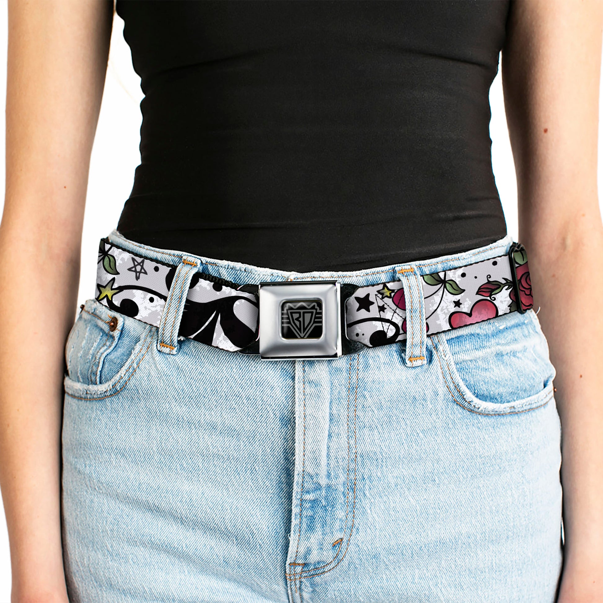 BD Wings Logo CLOSE-UP Full Color Black Silver Seatbelt Belt - Mom & Dad CLOSE-UP White Webbing Seatbelt Belts Buckle-Down