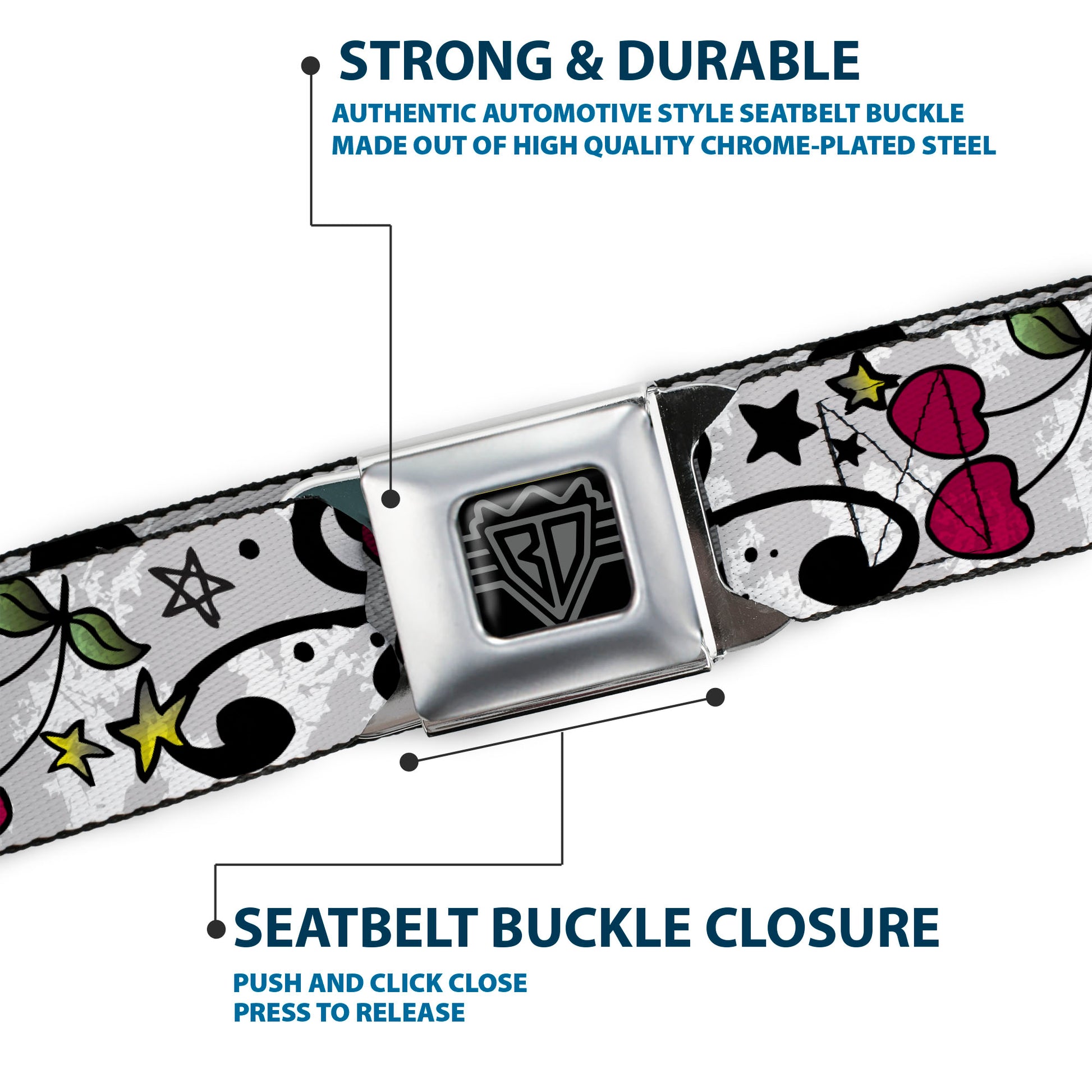 BD Wings Logo CLOSE-UP Full Color Black Silver Seatbelt Belt - Mom & Dad CLOSE-UP White Webbing Seatbelt Belts Buckle-Down