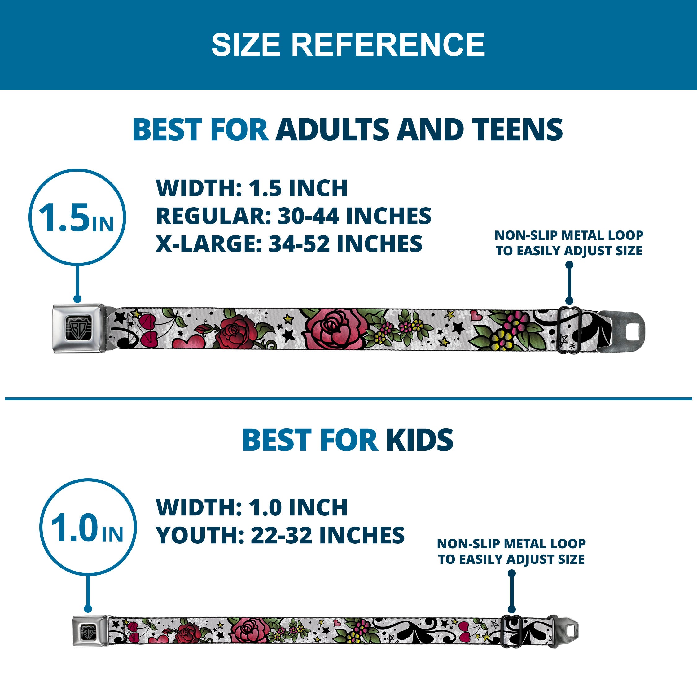 BD Wings Logo CLOSE-UP Full Color Black Silver Seatbelt Belt - Mom & Dad CLOSE-UP White Webbing Seatbelt Belts Buckle-Down