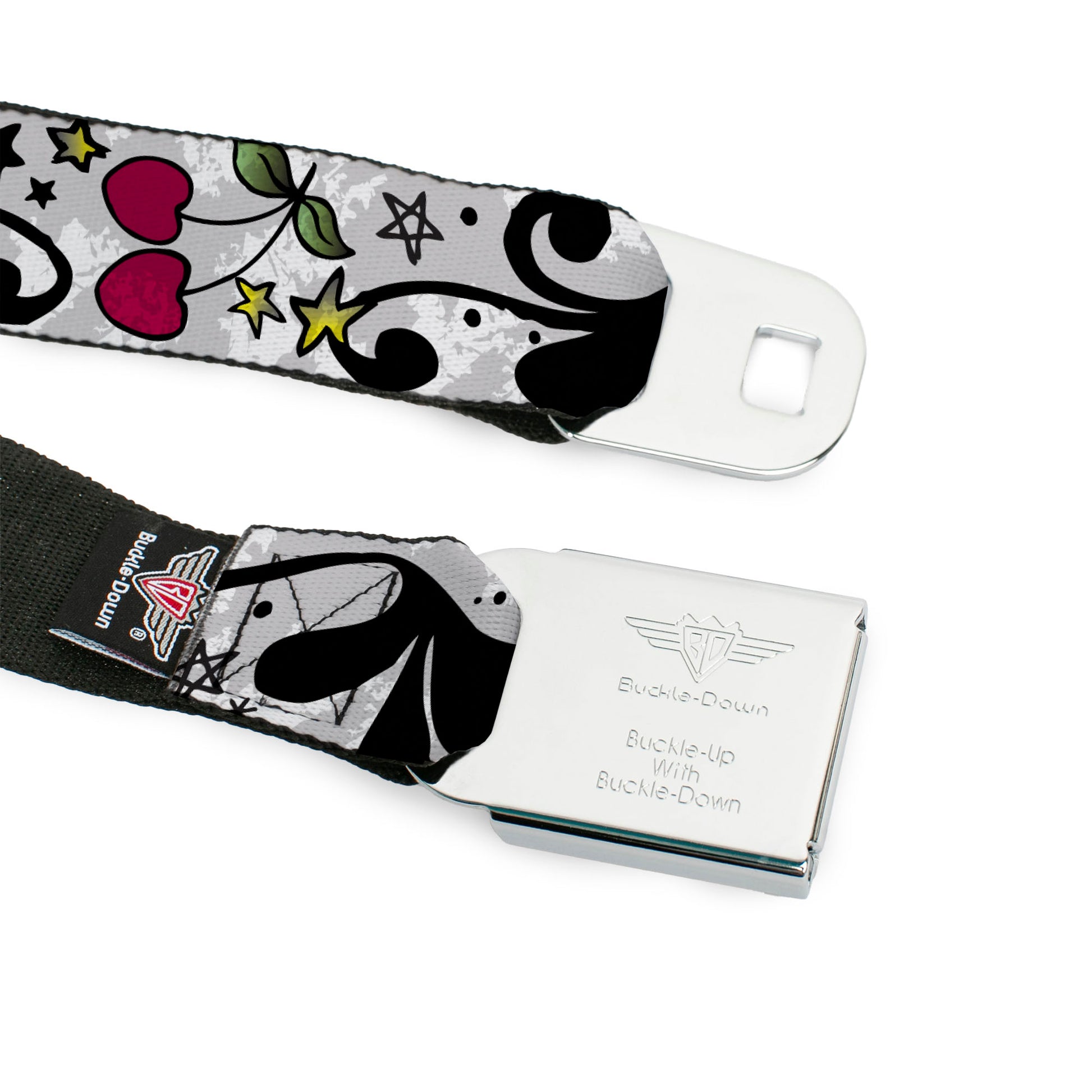 BD Wings Logo CLOSE-UP Full Color Black Silver Seatbelt Belt - Mom & Dad CLOSE-UP White Webbing Seatbelt Belts Buckle-Down