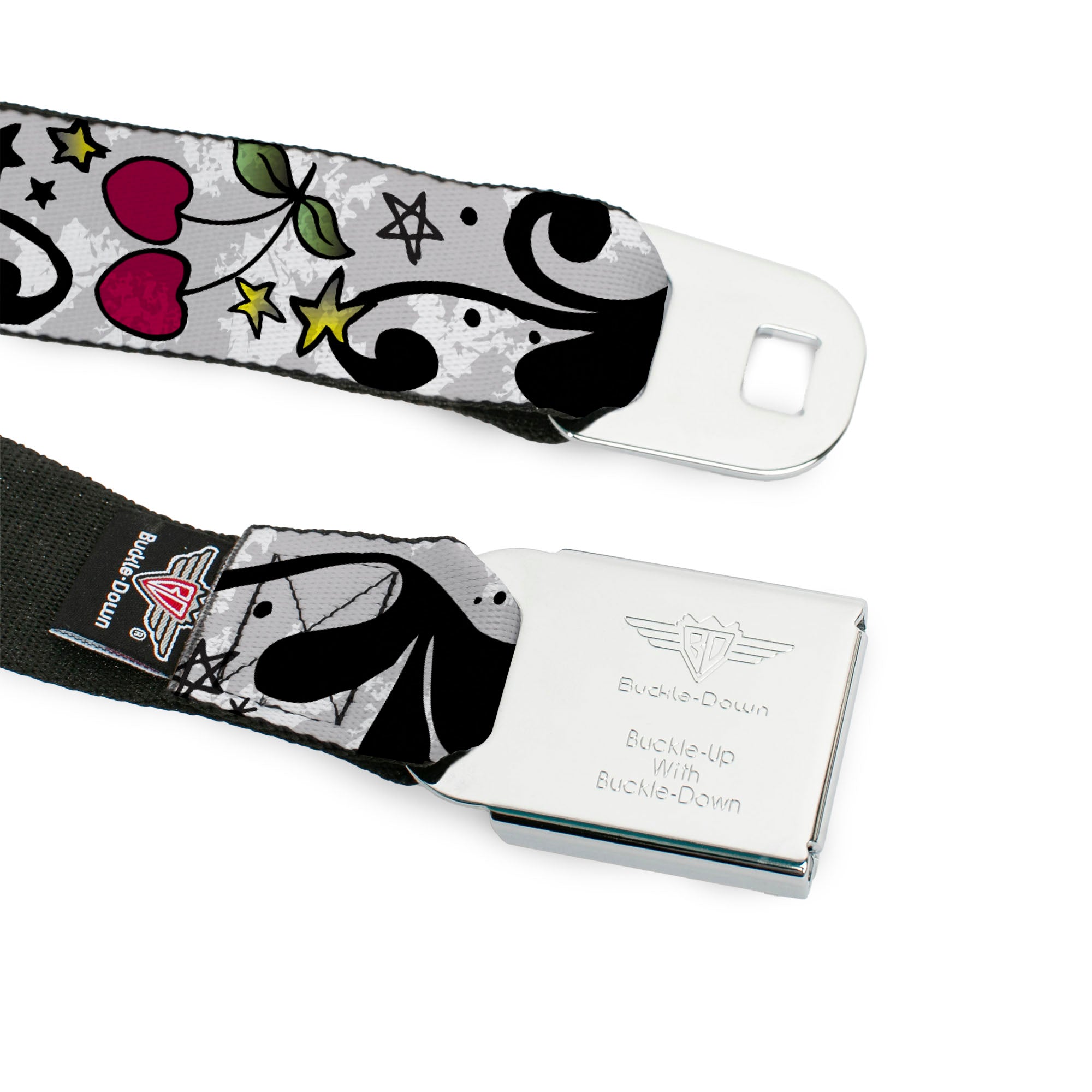 BD Wings Logo CLOSE-UP Full Color Black Silver Seatbelt Belt - Mom & Dad CLOSE-UP White Webbing Seatbelt Belts Buckle-Down