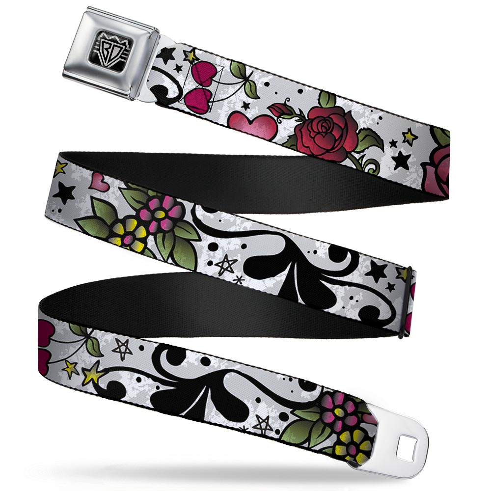 BD Wings Logo CLOSE-UP Full Color Black Silver Seatbelt Belt - Mom & Dad CLOSE-UP White Webbing Seatbelt Belts Buckle-Down