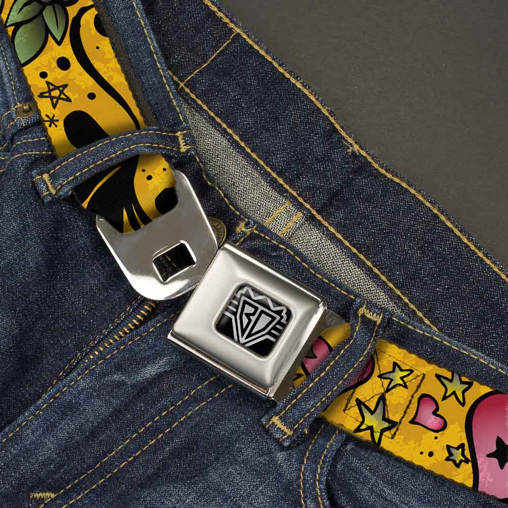 BD Wings Logo CLOSE-UP Full Color Black Silver Seatbelt Belt - Mom & Dad CLOSE-UP Yellow Webbing Seatbelt Belts Buckle-Down