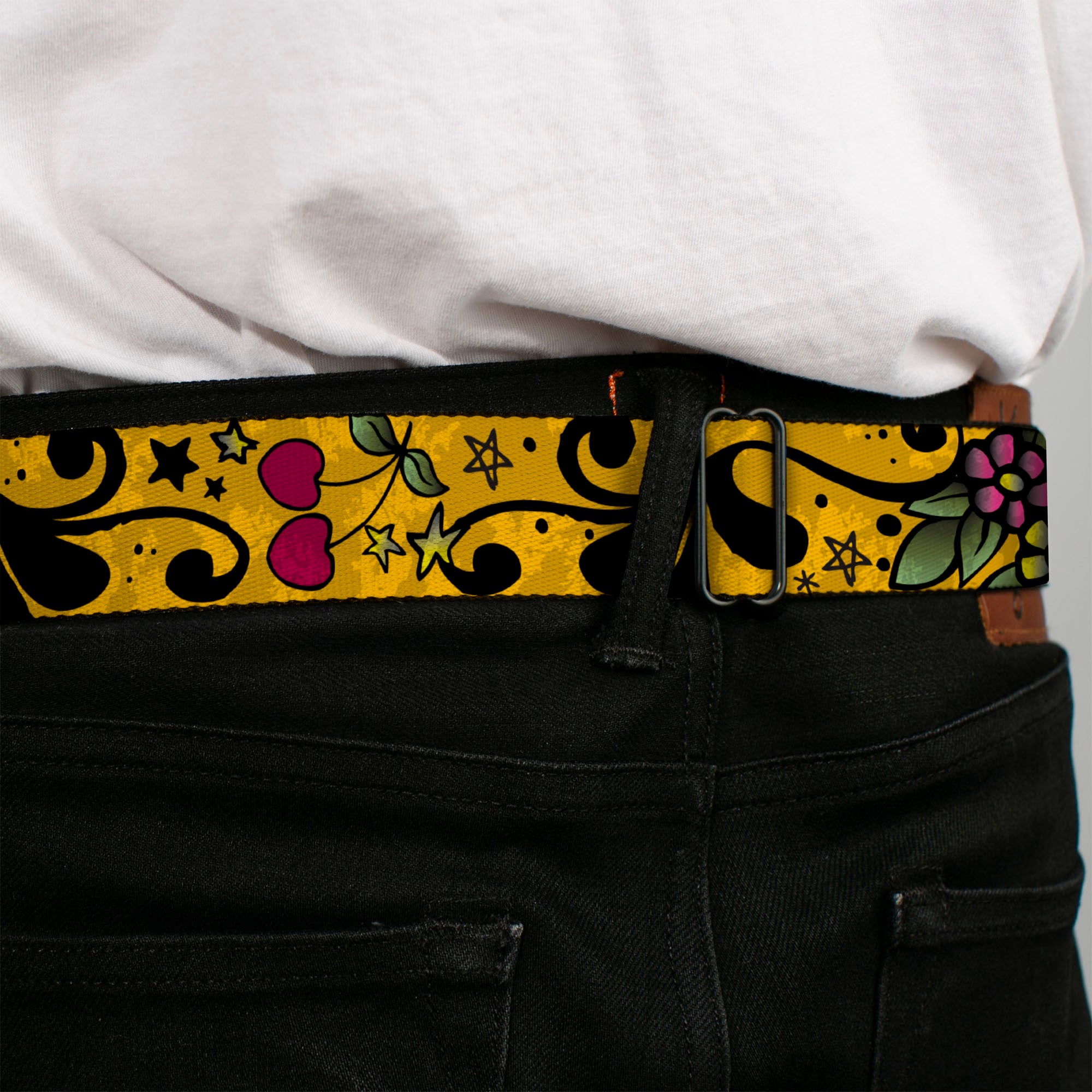 BD Wings Logo CLOSE-UP Full Color Black Silver Seatbelt Belt - Mom & Dad CLOSE-UP Yellow Webbing Seatbelt Belts Buckle-Down