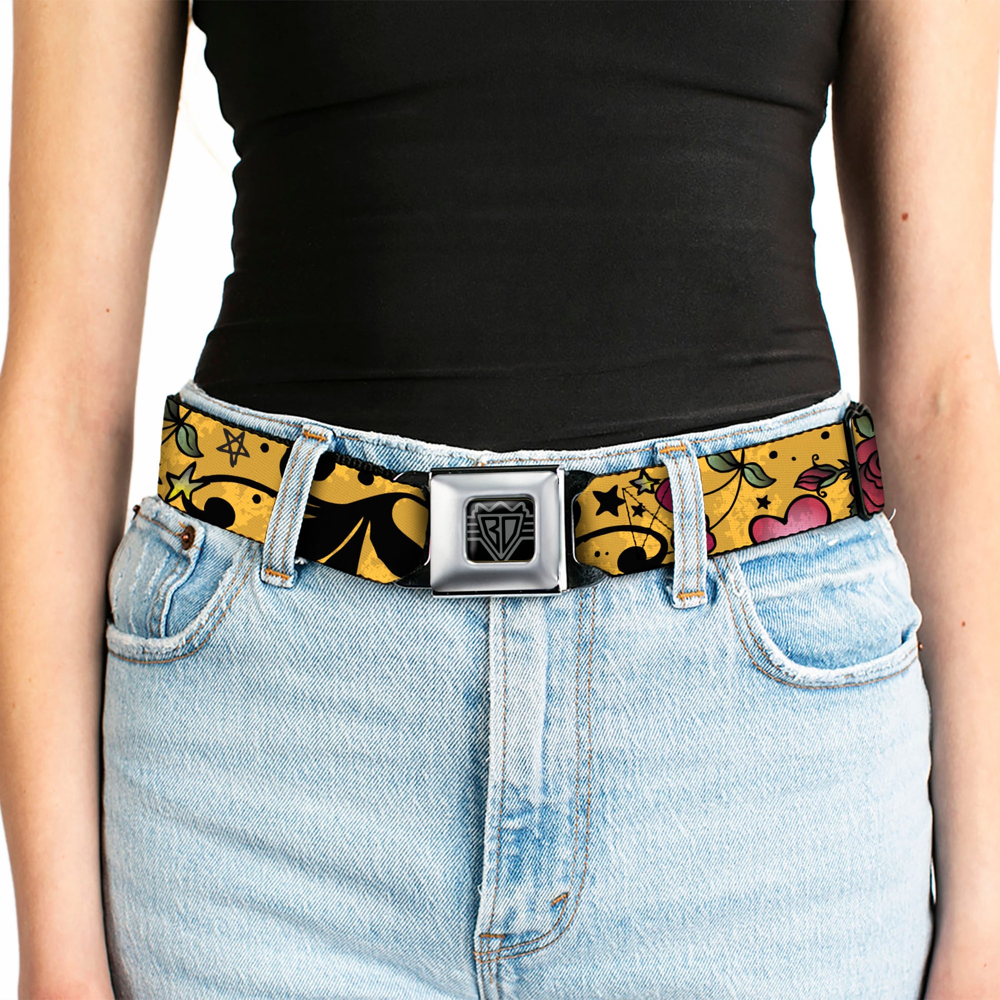 BD Wings Logo CLOSE-UP Full Color Black Silver Seatbelt Belt - Mom & Dad CLOSE-UP Yellow Webbing Seatbelt Belts Buckle-Down