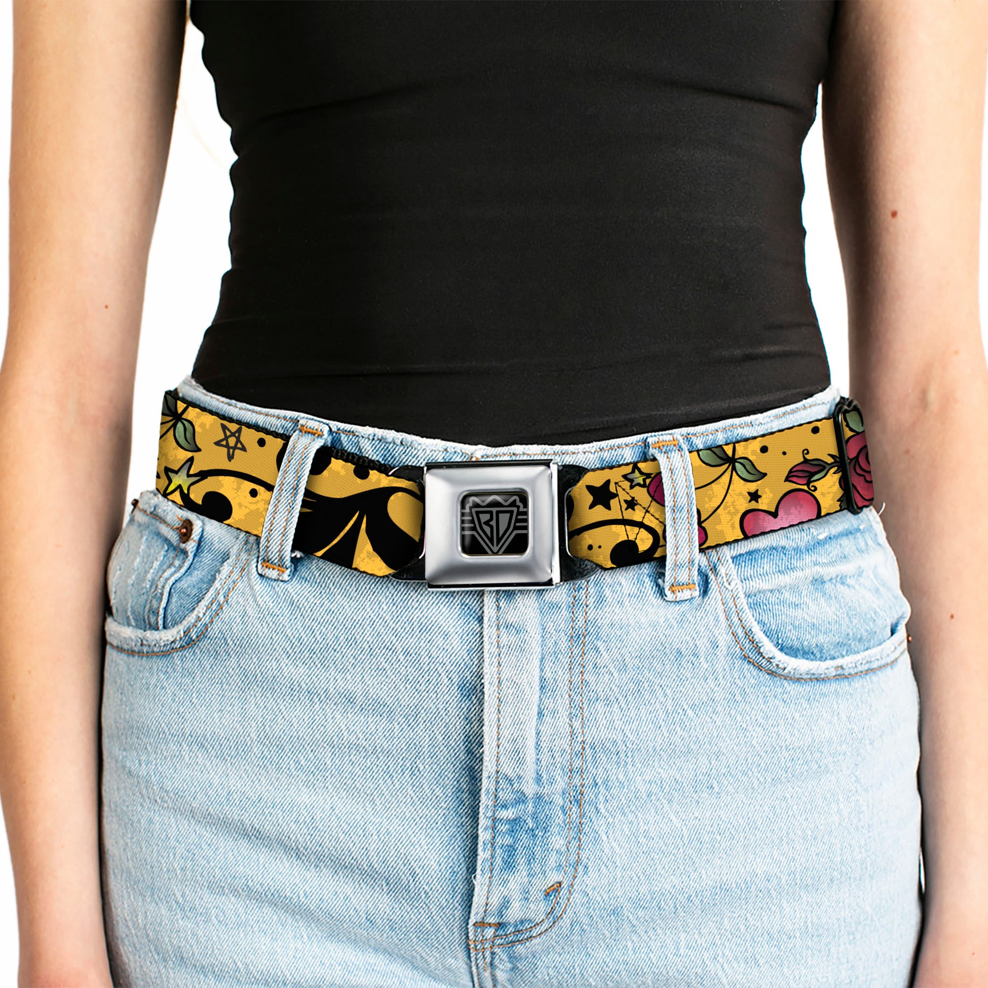 BD Wings Logo CLOSE-UP Full Color Black Silver Seatbelt Belt - Mom & Dad CLOSE-UP Yellow Webbing Seatbelt Belts Buckle-Down