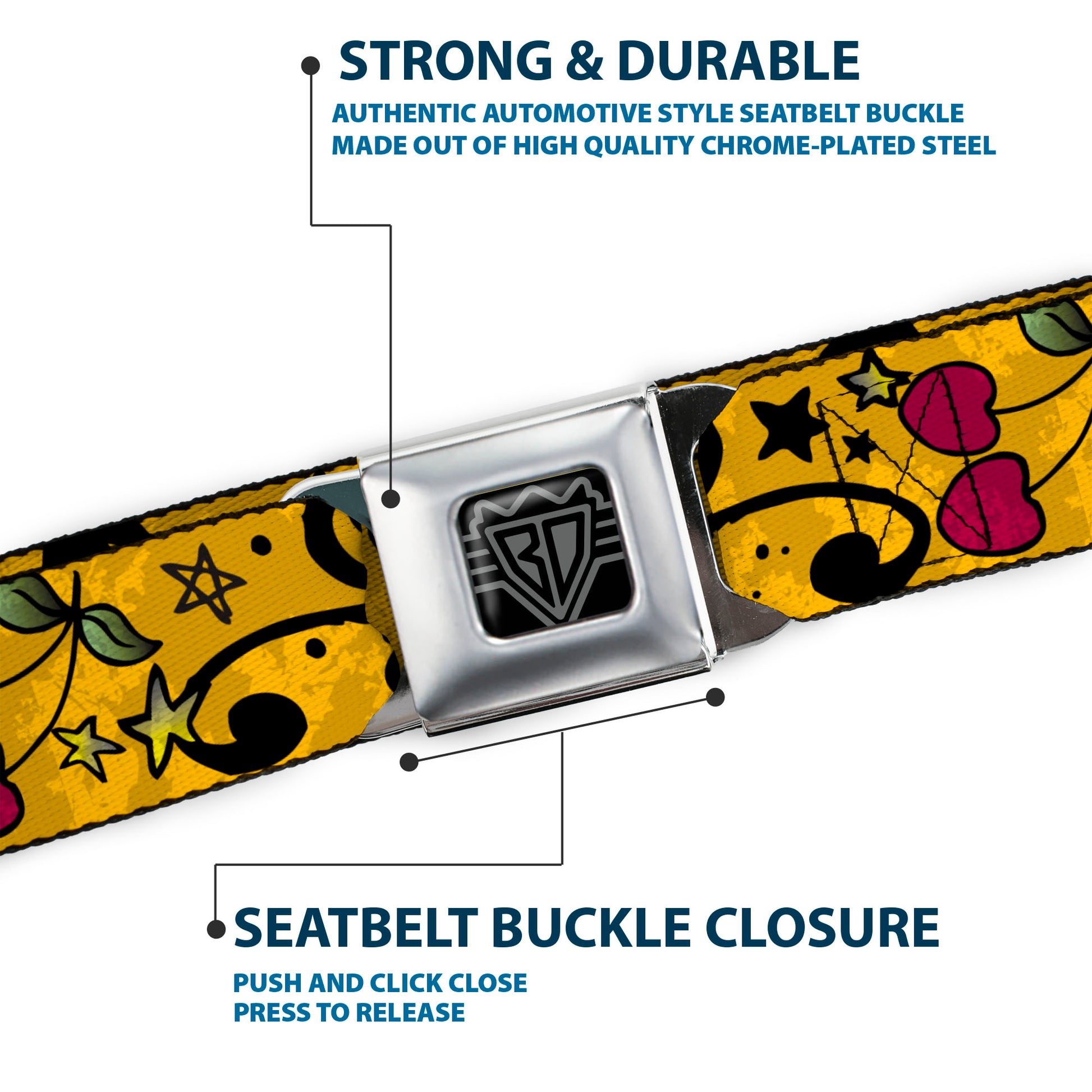 BD Wings Logo CLOSE-UP Full Color Black Silver Seatbelt Belt - Mom & Dad CLOSE-UP Yellow Webbing Seatbelt Belts Buckle-Down