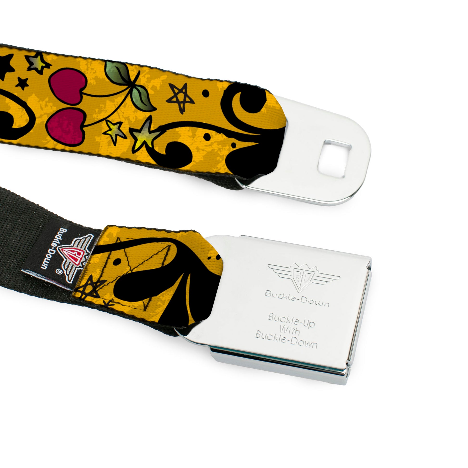 BD Wings Logo CLOSE-UP Full Color Black Silver Seatbelt Belt - Mom & Dad CLOSE-UP Yellow Webbing Seatbelt Belts Buckle-Down