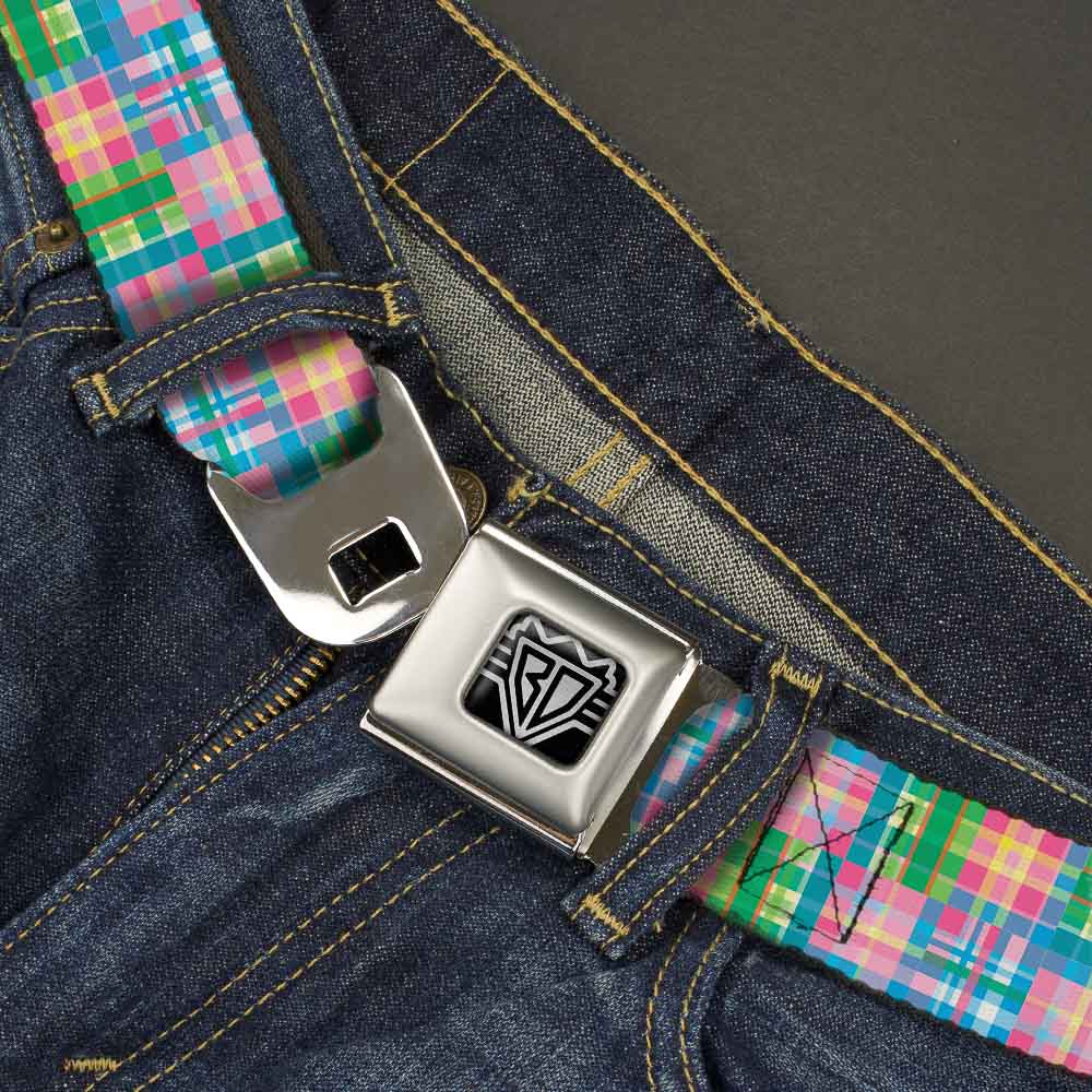 BD Wings Logo CLOSE-UP Full Color Black Silver Seatbelt Belt - Madras Plaid Pink Webbing Seatbelt Belts Buckle-Down