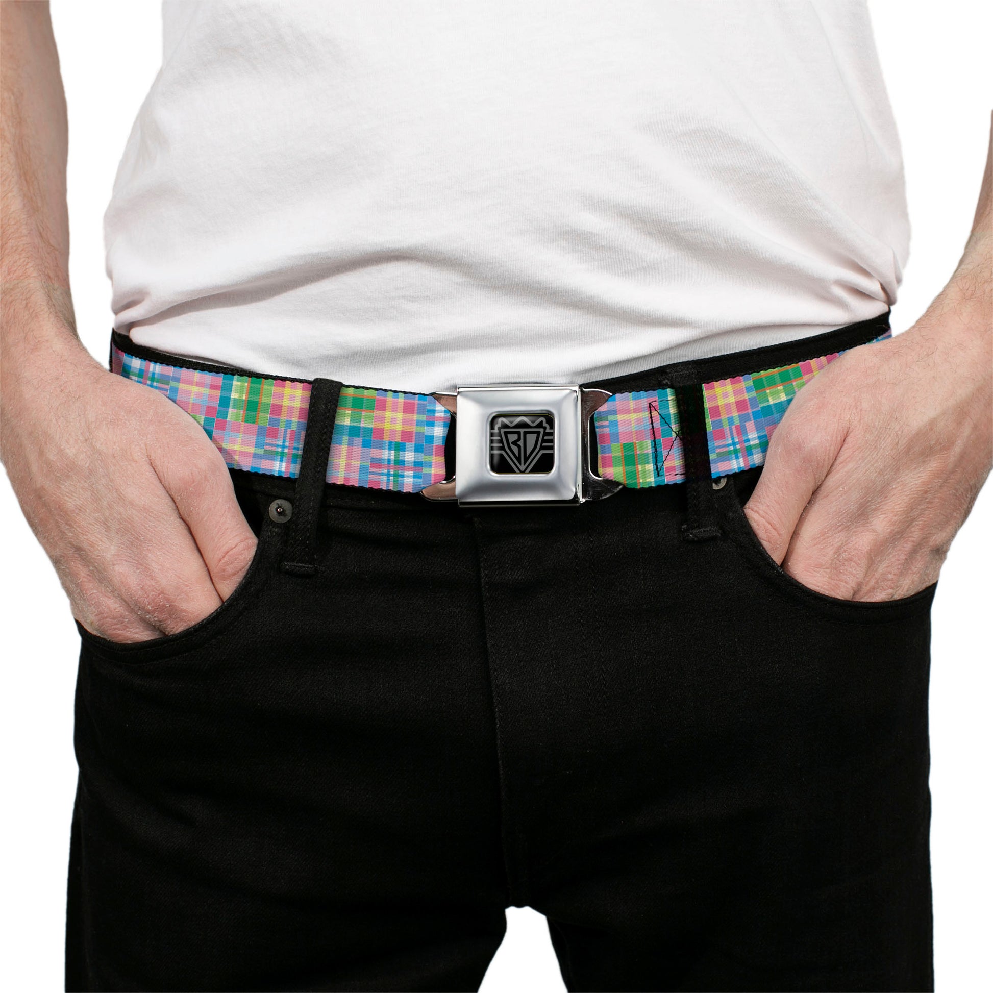 BD Wings Logo CLOSE-UP Full Color Black Silver Seatbelt Belt - Madras Plaid Pink Webbing Seatbelt Belts Buckle-Down