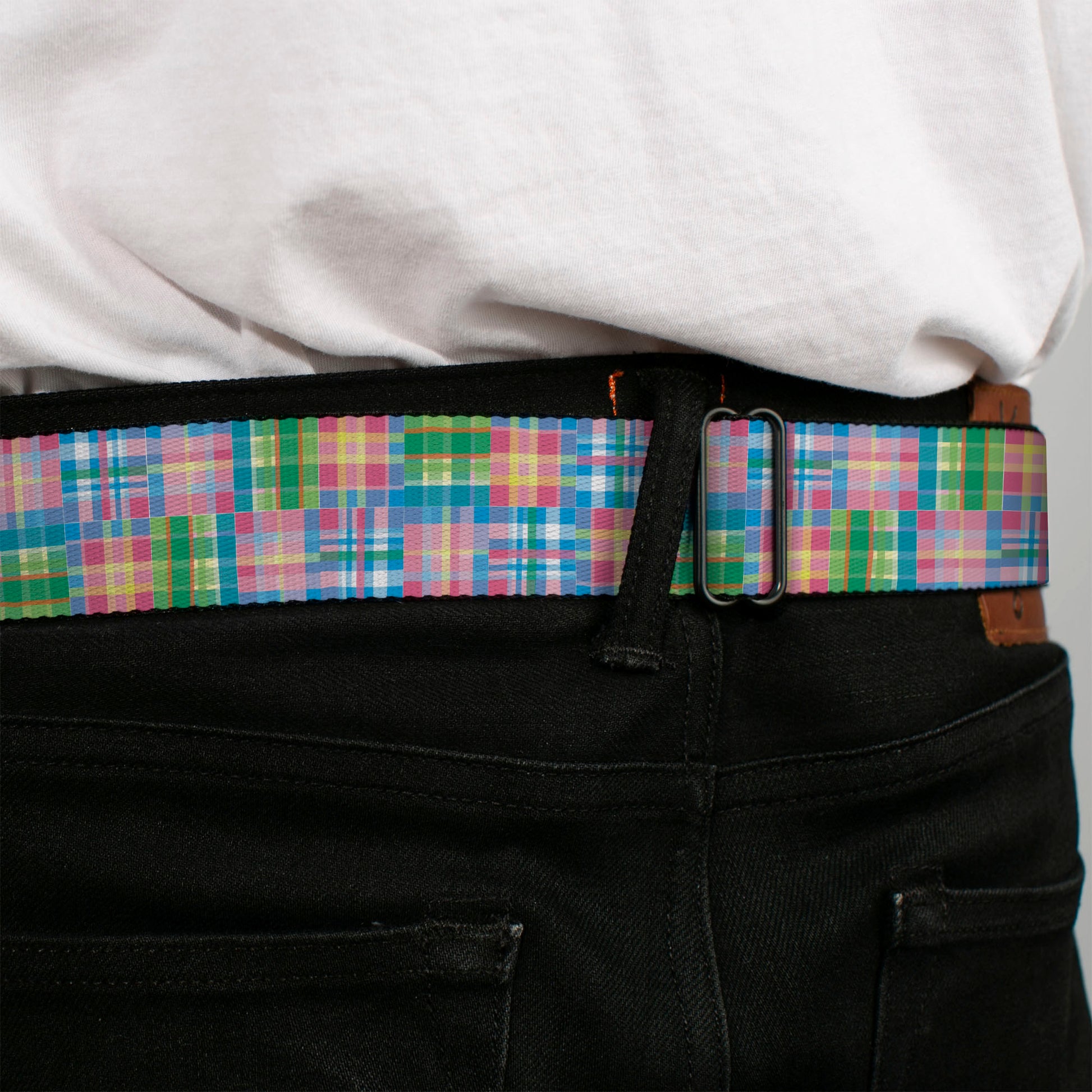 BD Wings Logo CLOSE-UP Full Color Black Silver Seatbelt Belt - Madras Plaid Pink Webbing Seatbelt Belts Buckle-Down