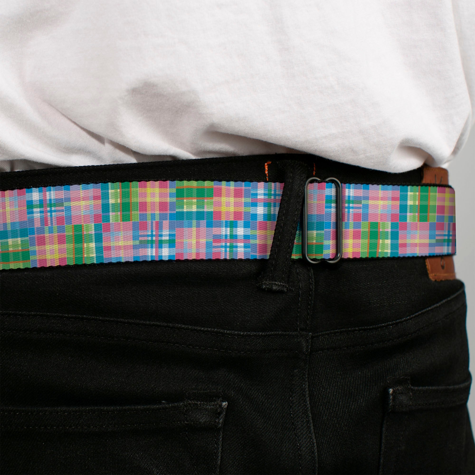 BD Wings Logo CLOSE-UP Full Color Black Silver Seatbelt Belt - Madras Plaid Pink Webbing Seatbelt Belts Buckle-Down