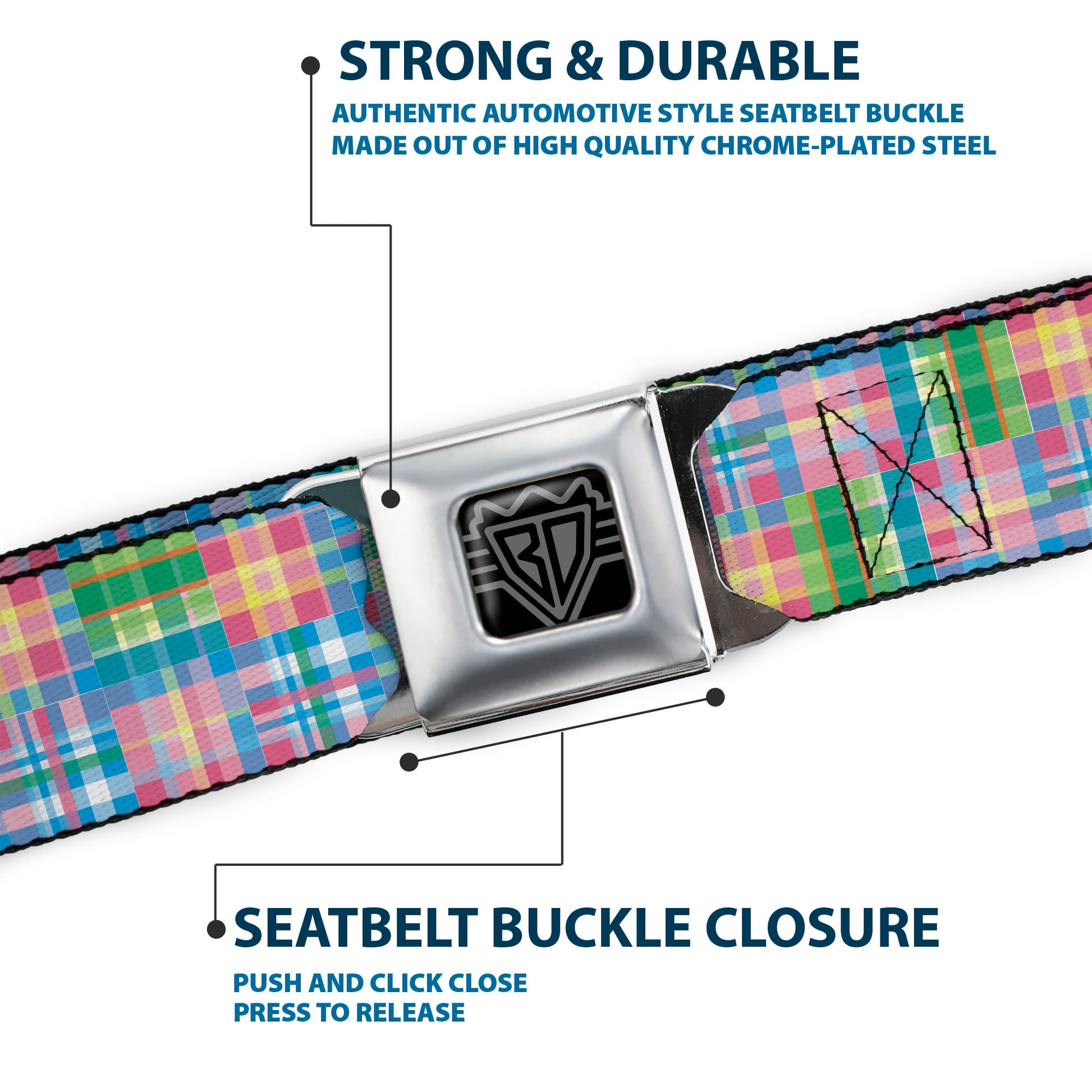 BD Wings Logo CLOSE-UP Full Color Black Silver Seatbelt Belt - Madras Plaid Pink Webbing Seatbelt Belts Buckle-Down