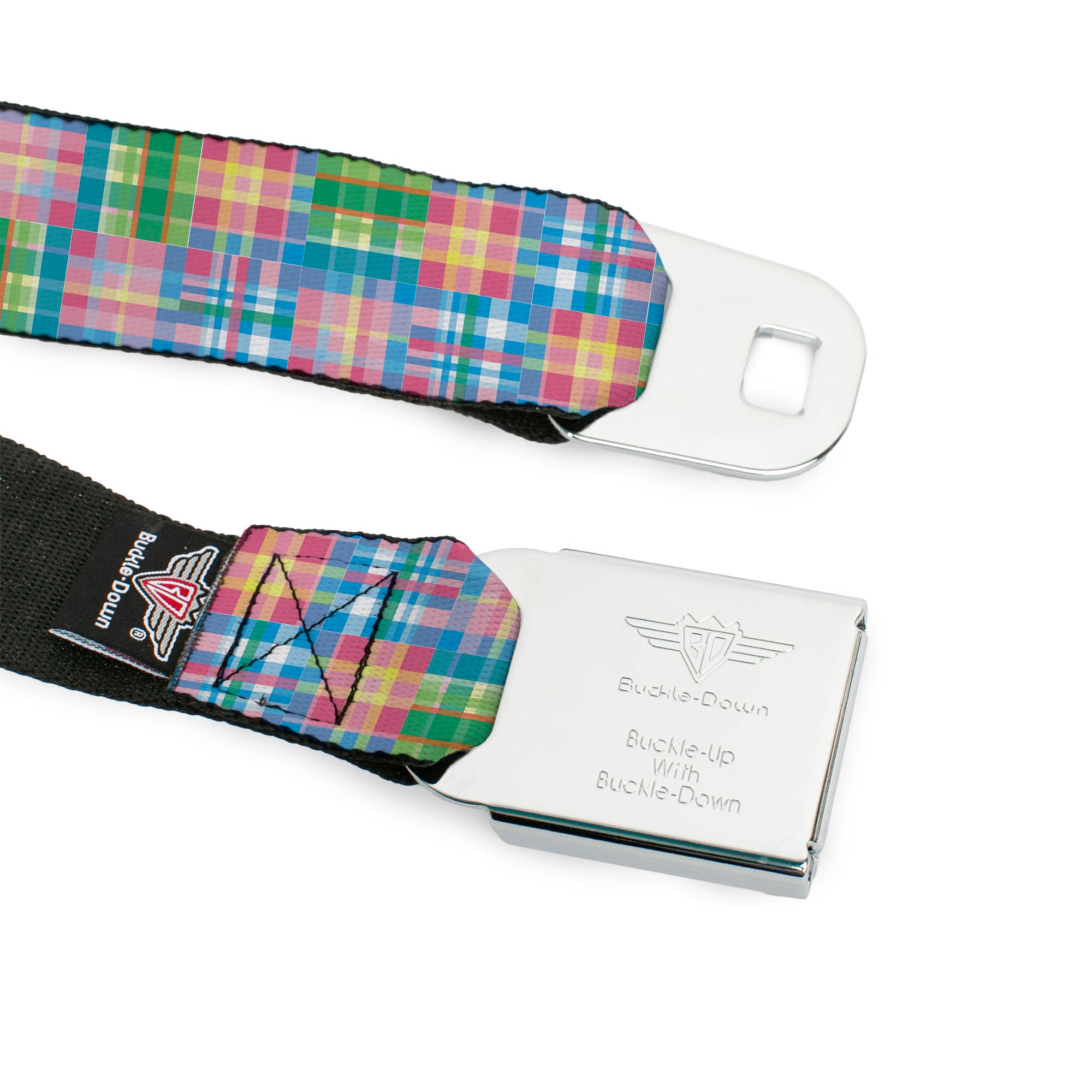 BD Wings Logo CLOSE-UP Full Color Black Silver Seatbelt Belt - Madras Plaid Pink Webbing Seatbelt Belts Buckle-Down