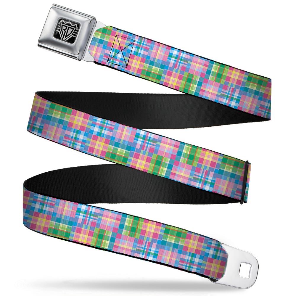 BD Wings Logo CLOSE-UP Full Color Black Silver Seatbelt Belt - Madras Plaid Pink Webbing Seatbelt Belts Buckle-Down