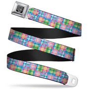 BD Wings Logo CLOSE-UP Full Color Black Silver Seatbelt Belt - Madras Plaid Pink Webbing Seatbelt Belts Buckle-Down