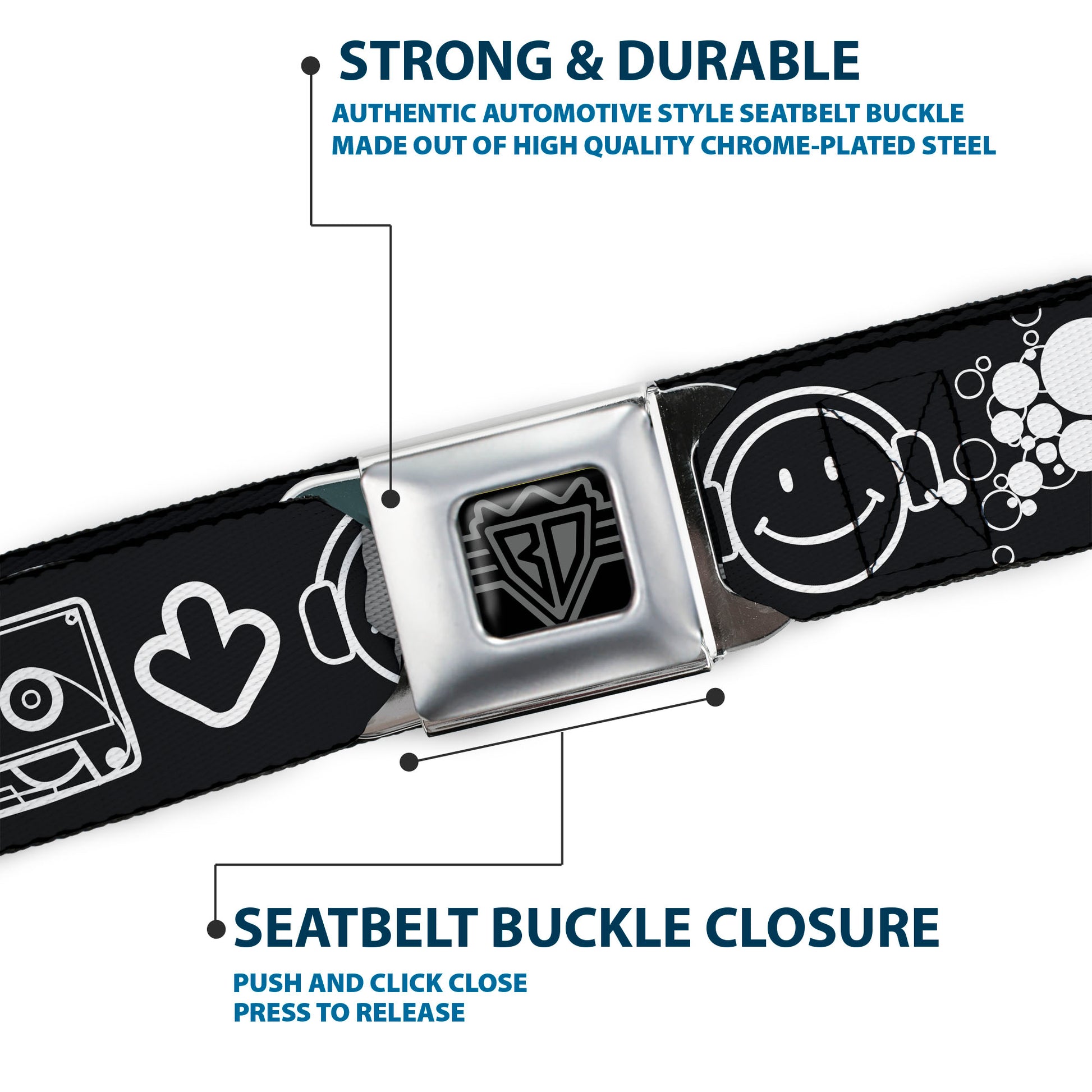 BD Wings Logo CLOSE-UP Full Color Black Silver Seatbelt Belt - Music Happy Face Webbing Seatbelt Belts Buckle-Down