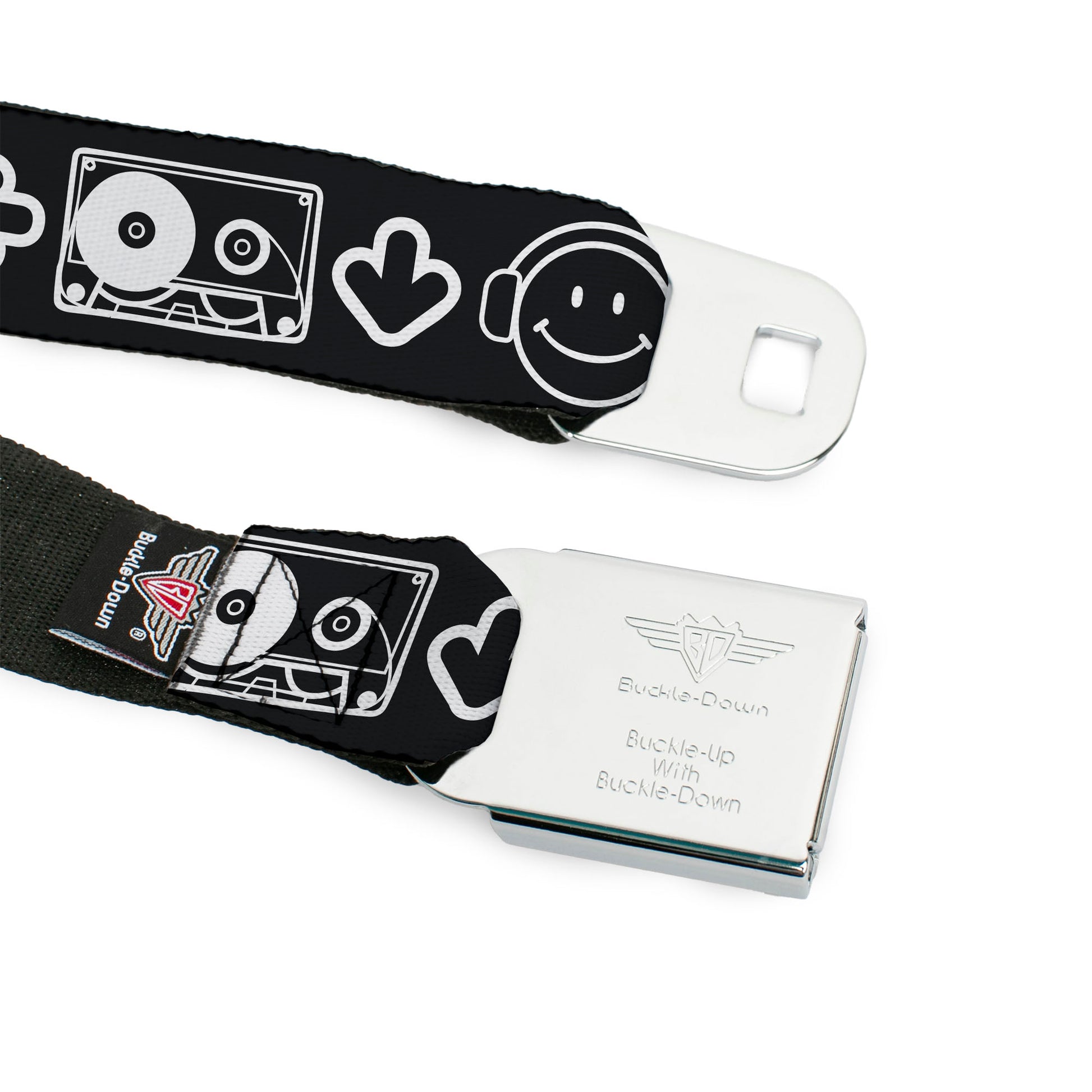 BD Wings Logo CLOSE-UP Full Color Black Silver Seatbelt Belt - Music Happy Face Webbing Seatbelt Belts Buckle-Down