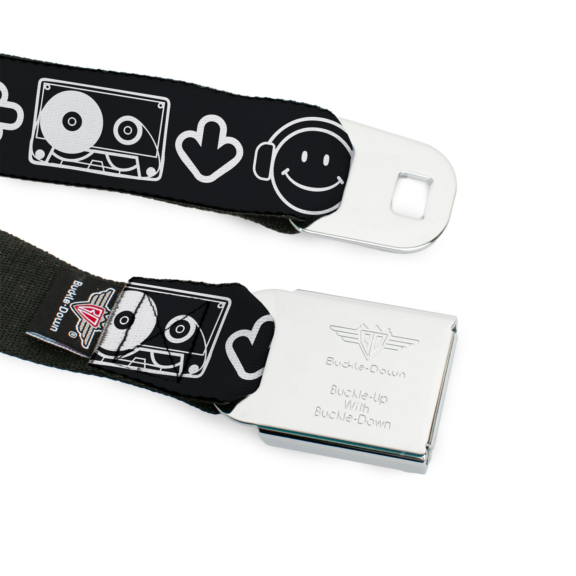 BD Wings Logo CLOSE-UP Full Color Black Silver Seatbelt Belt - Music Happy Face Webbing Seatbelt Belts Buckle-Down