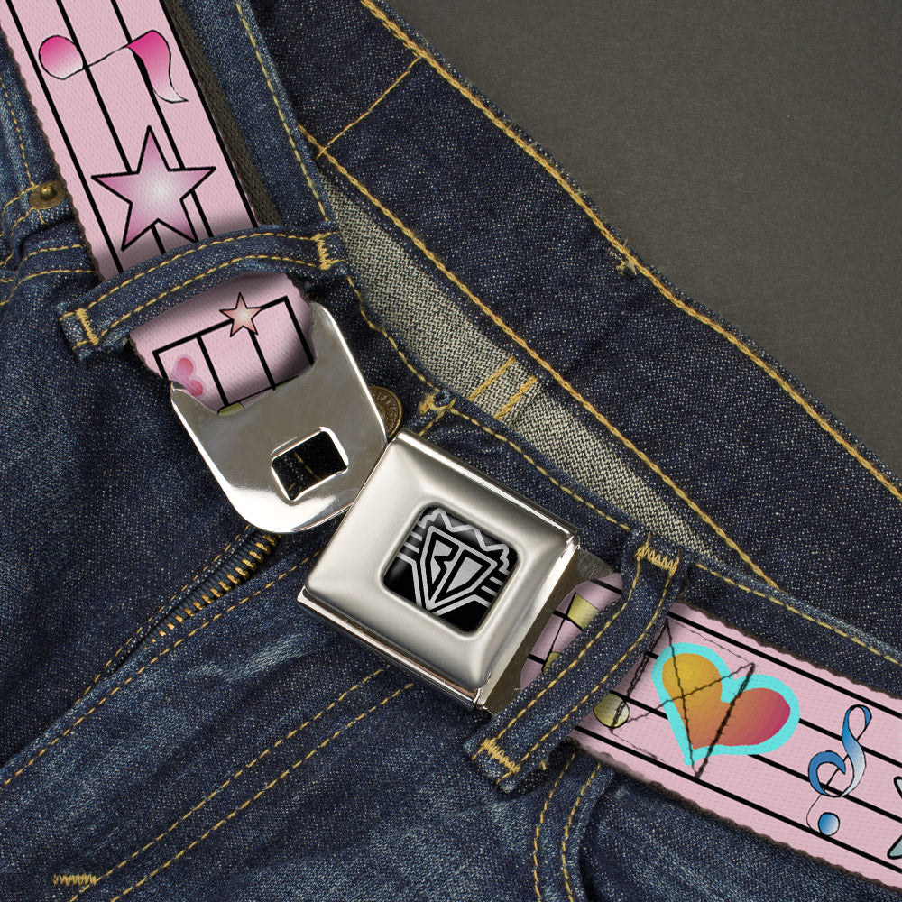 BD Wings Logo CLOSE-UP Full Color Black Silver Seatbelt Belt - Music Notes Pink Webbing Seatbelt Belts Buckle-Down