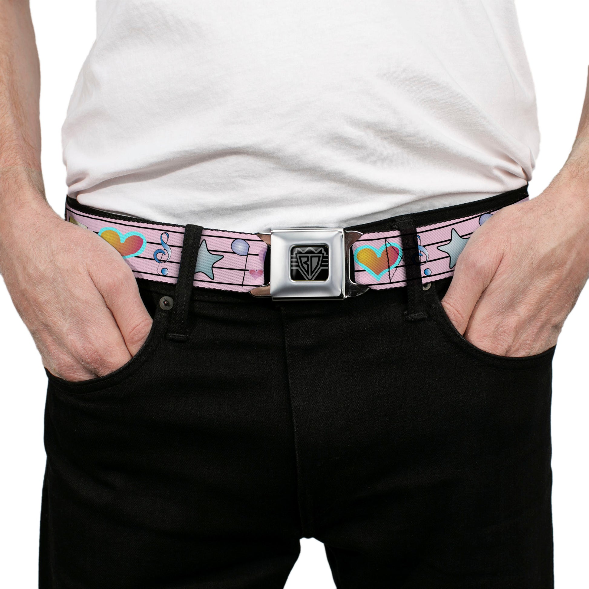 BD Wings Logo CLOSE-UP Full Color Black Silver Seatbelt Belt - Music Notes Pink Webbing Seatbelt Belts Buckle-Down