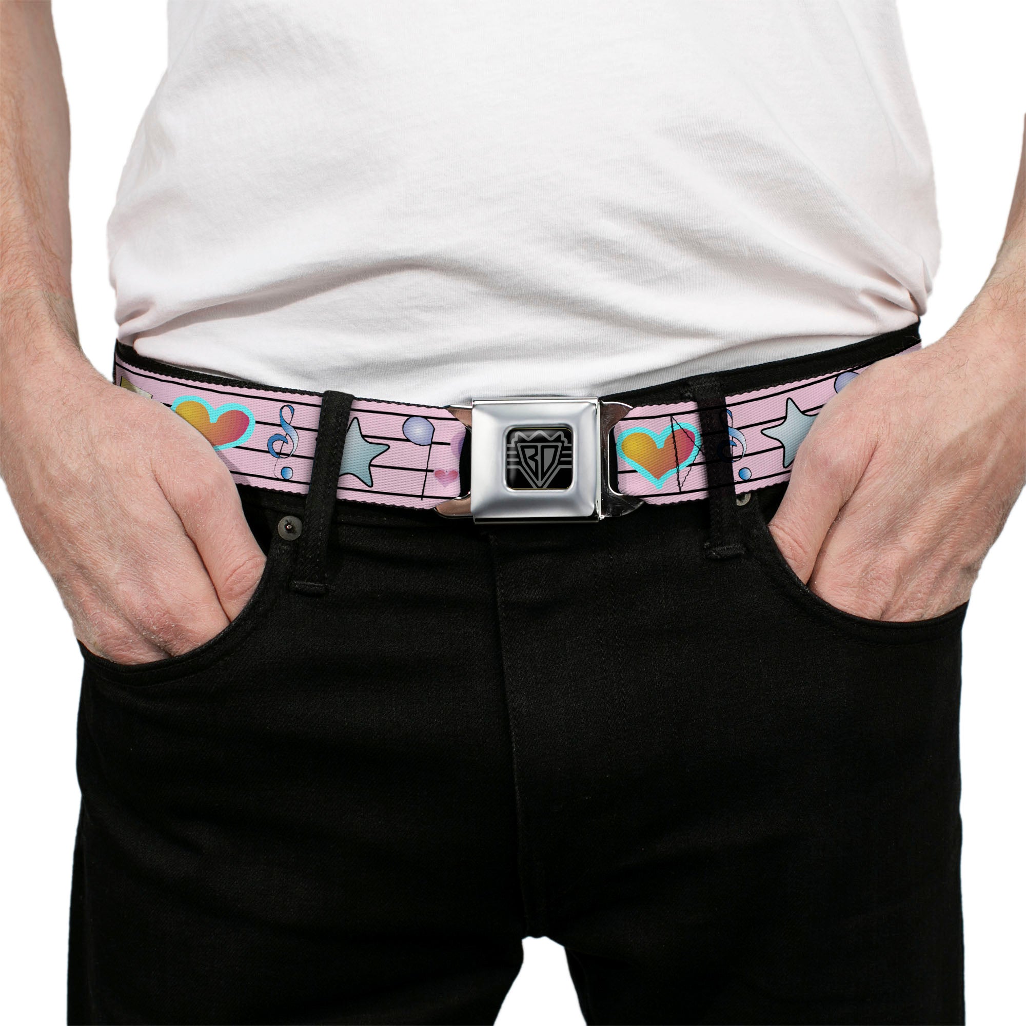 BD Wings Logo CLOSE-UP Full Color Black Silver Seatbelt Belt - Music Notes Pink Webbing Seatbelt Belts Buckle-Down