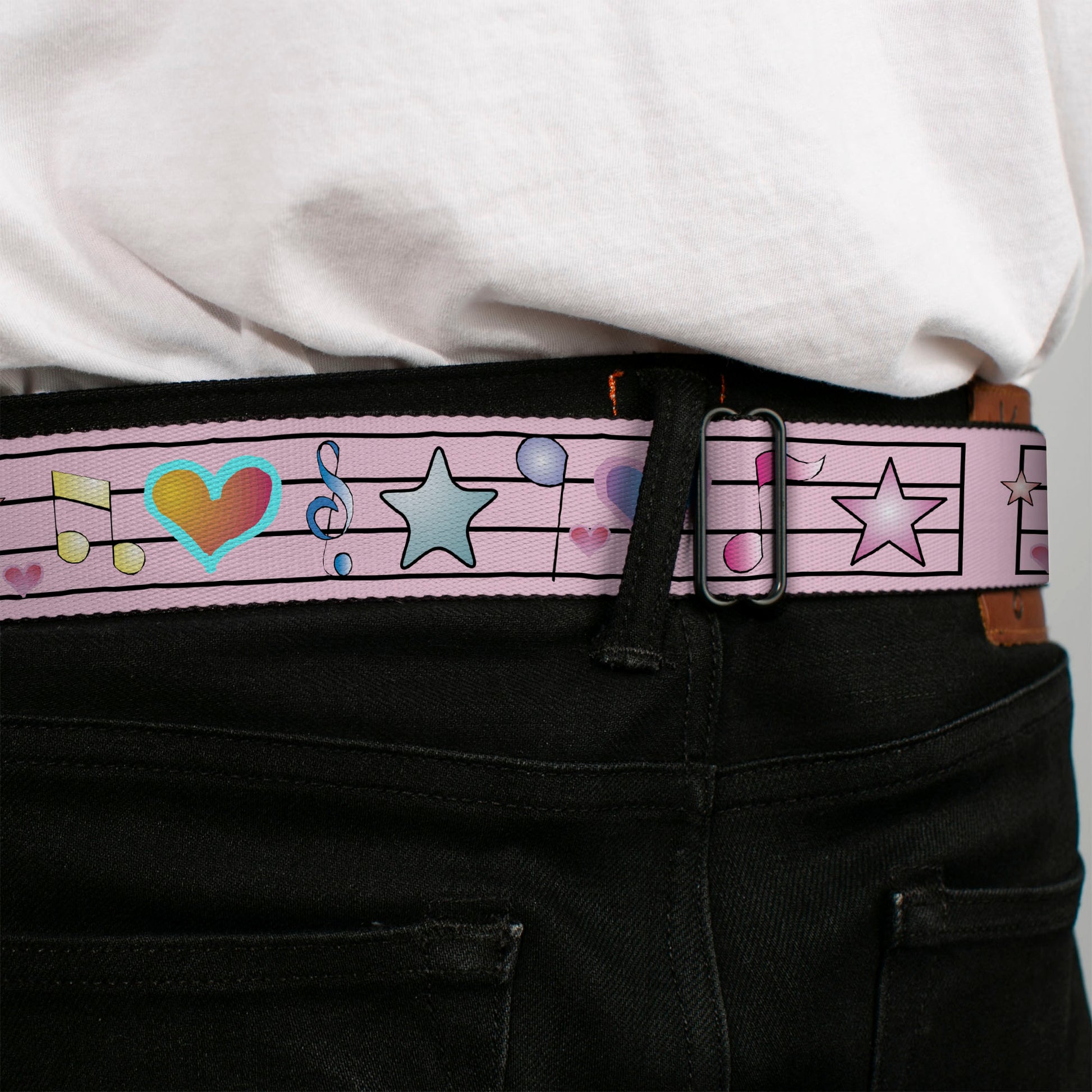 BD Wings Logo CLOSE-UP Full Color Black Silver Seatbelt Belt - Music Notes Pink Webbing Seatbelt Belts Buckle-Down