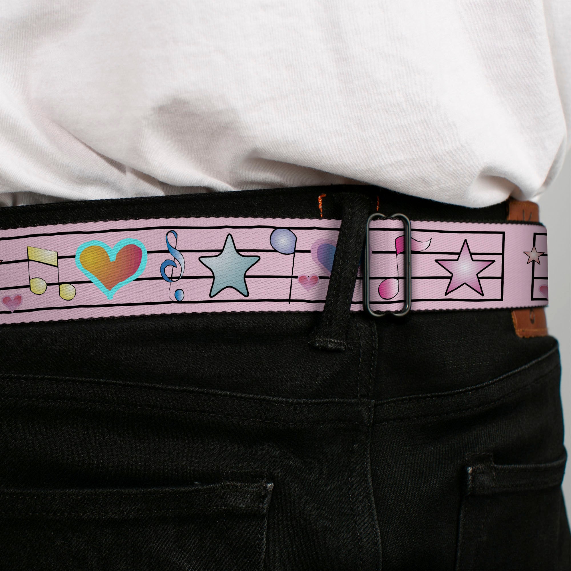 BD Wings Logo CLOSE-UP Full Color Black Silver Seatbelt Belt - Music Notes Pink Webbing Seatbelt Belts Buckle-Down