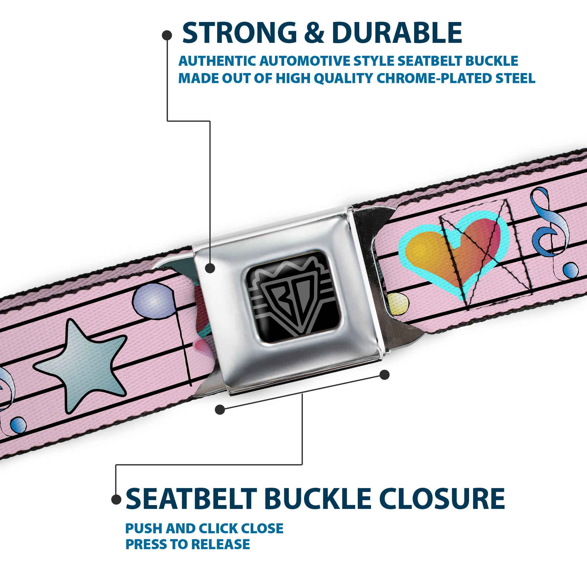 BD Wings Logo CLOSE-UP Full Color Black Silver Seatbelt Belt - Music Notes Pink Webbing Seatbelt Belts Buckle-Down
