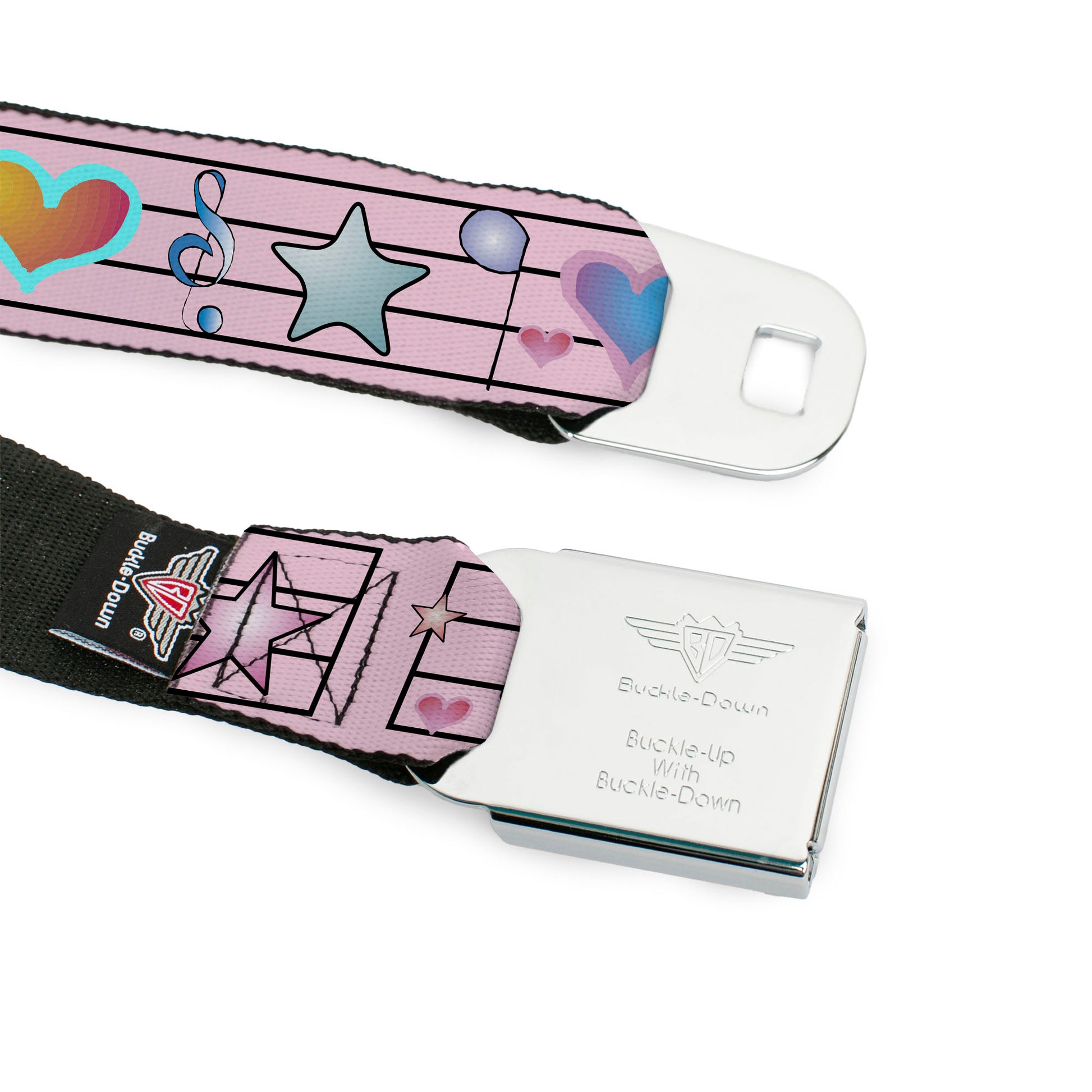 BD Wings Logo CLOSE-UP Full Color Black Silver Seatbelt Belt - Music Notes Pink Webbing Seatbelt Belts Buckle-Down