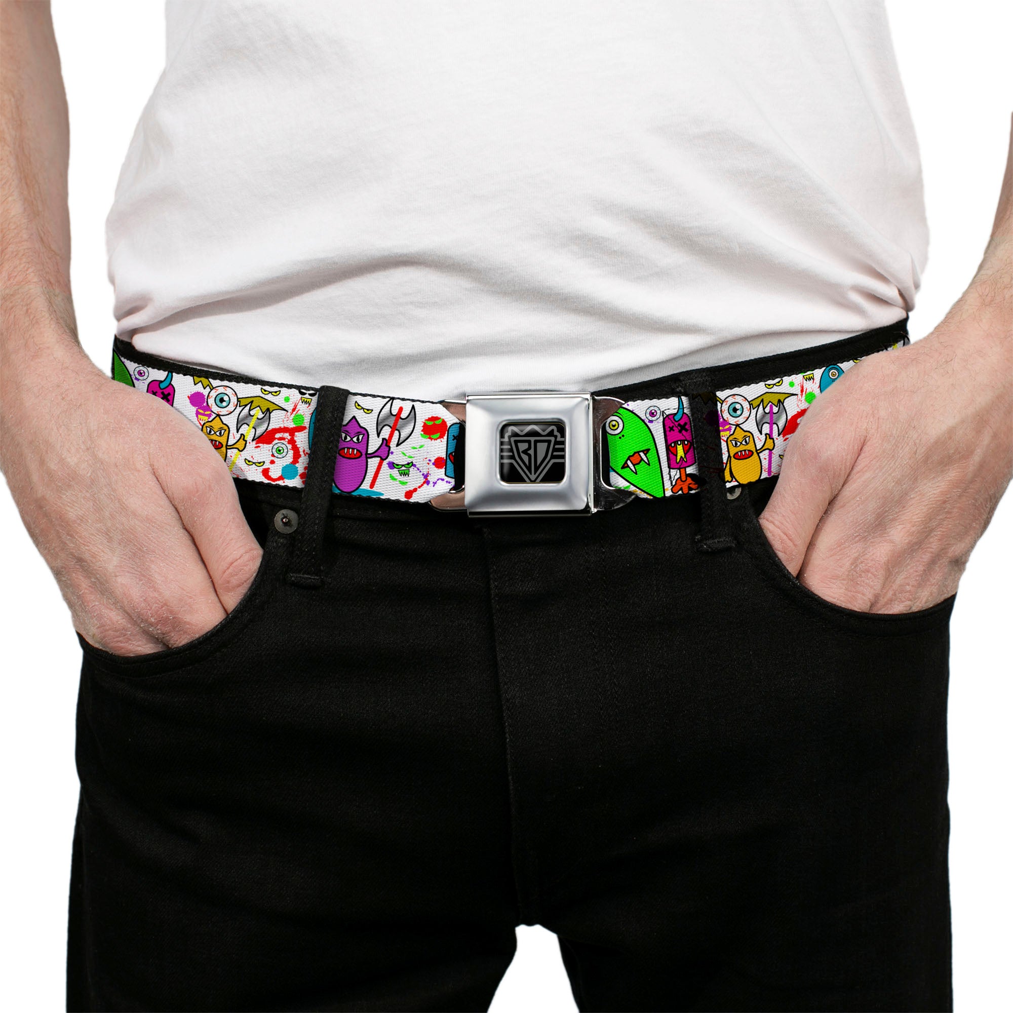 BD Wings Logo CLOSE-UP Full Color Black Silver Seatbelt Belt - Monsters White Webbing Seatbelt Belts Buckle-Down