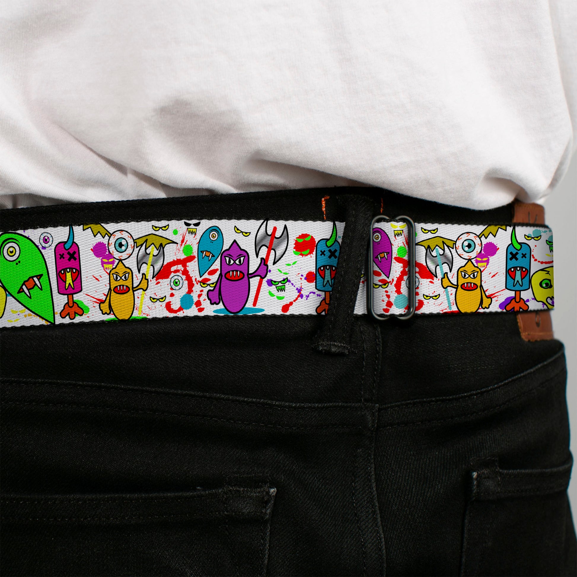 BD Wings Logo CLOSE-UP Full Color Black Silver Seatbelt Belt - Monsters White Webbing Seatbelt Belts Buckle-Down