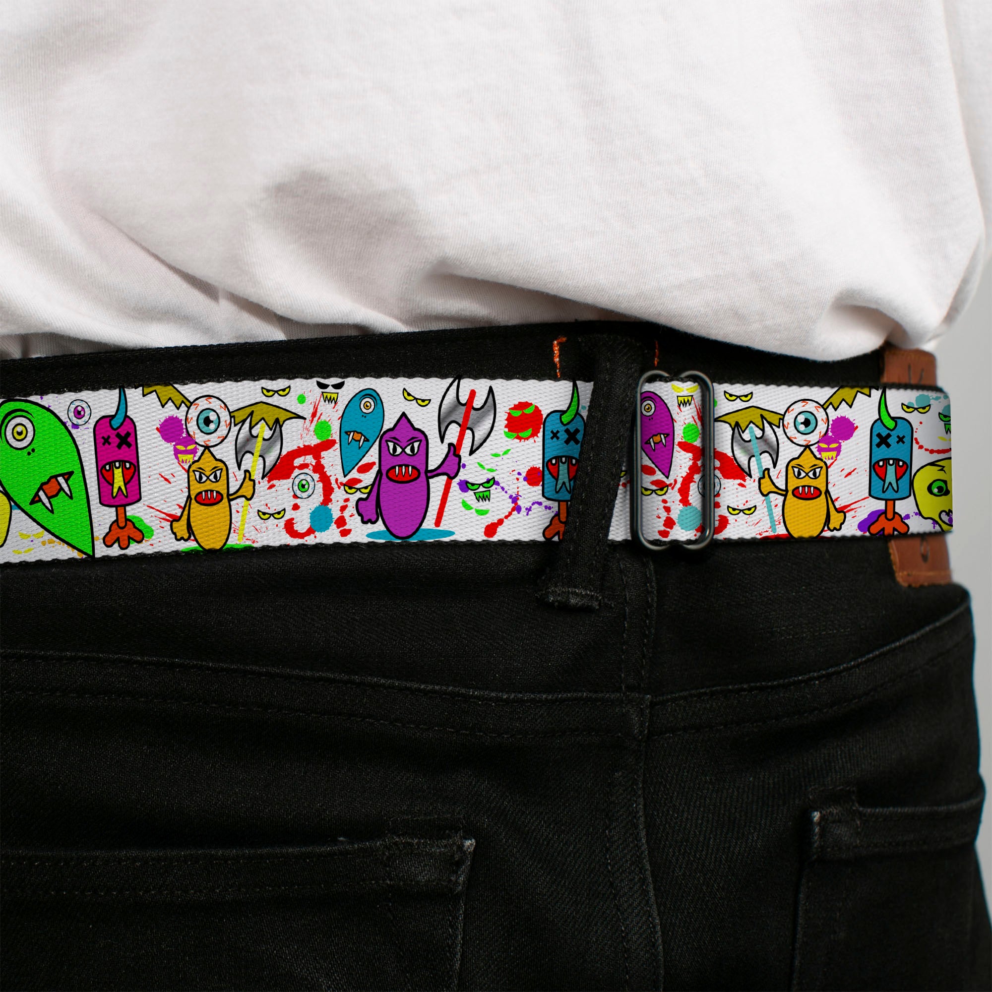 BD Wings Logo CLOSE-UP Full Color Black Silver Seatbelt Belt - Monsters White Webbing Seatbelt Belts Buckle-Down