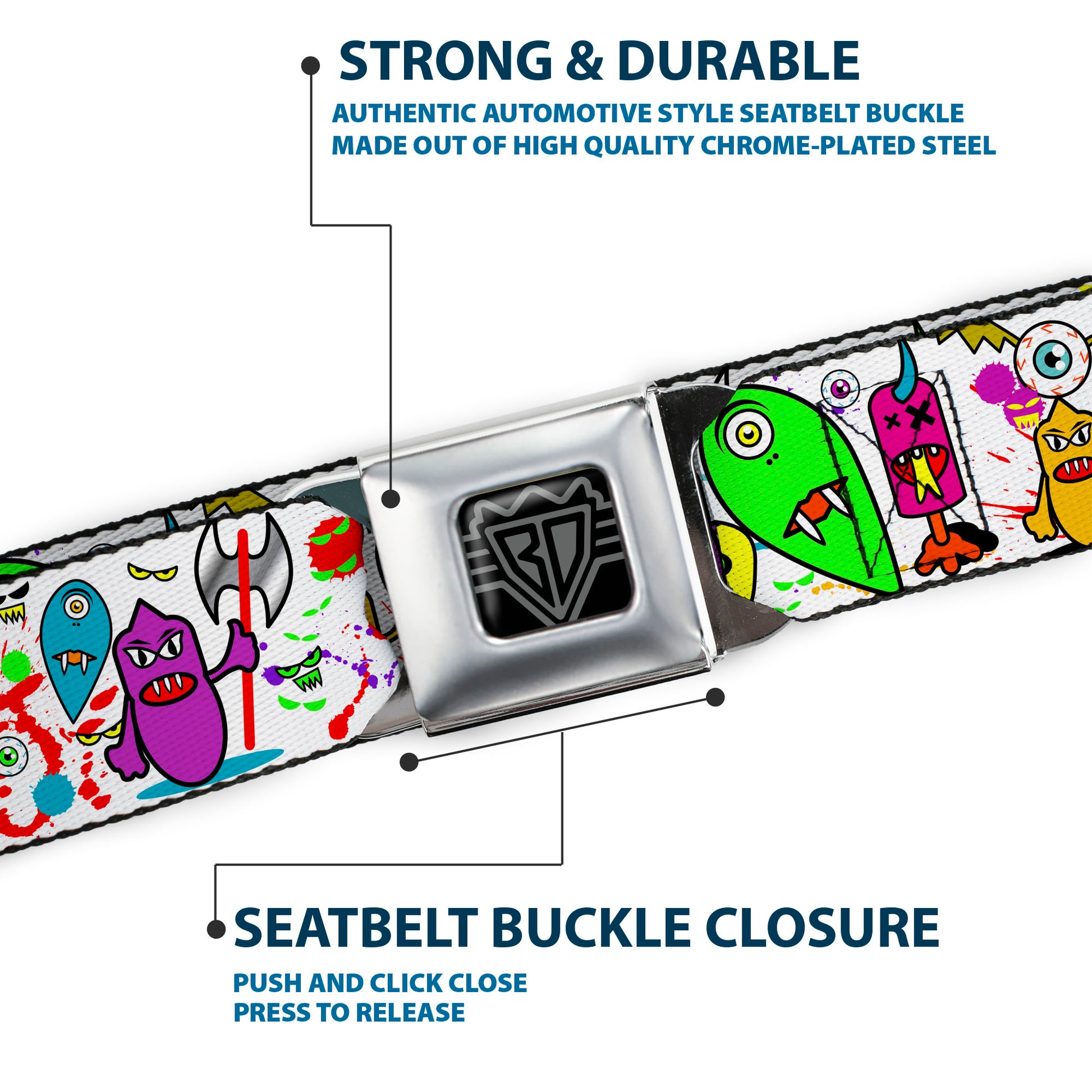 BD Wings Logo CLOSE-UP Full Color Black Silver Seatbelt Belt - Monsters White Webbing Seatbelt Belts Buckle-Down