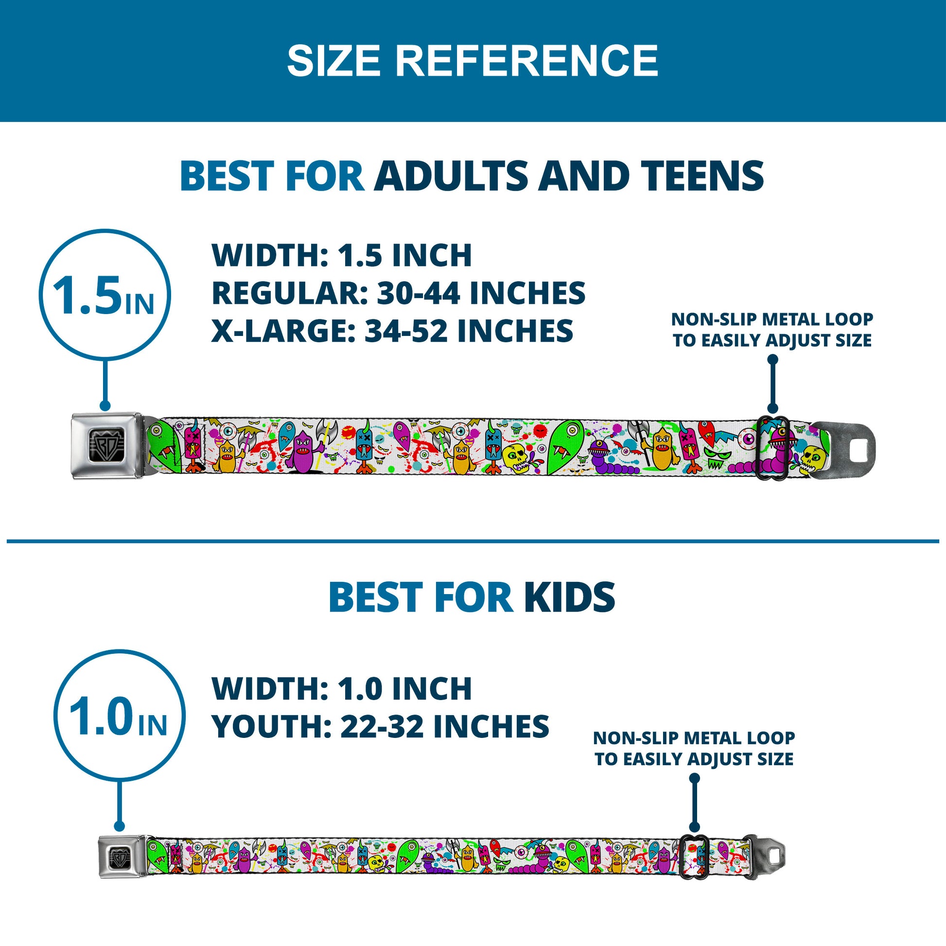 BD Wings Logo CLOSE-UP Full Color Black Silver Seatbelt Belt - Monsters White Webbing Seatbelt Belts Buckle-Down