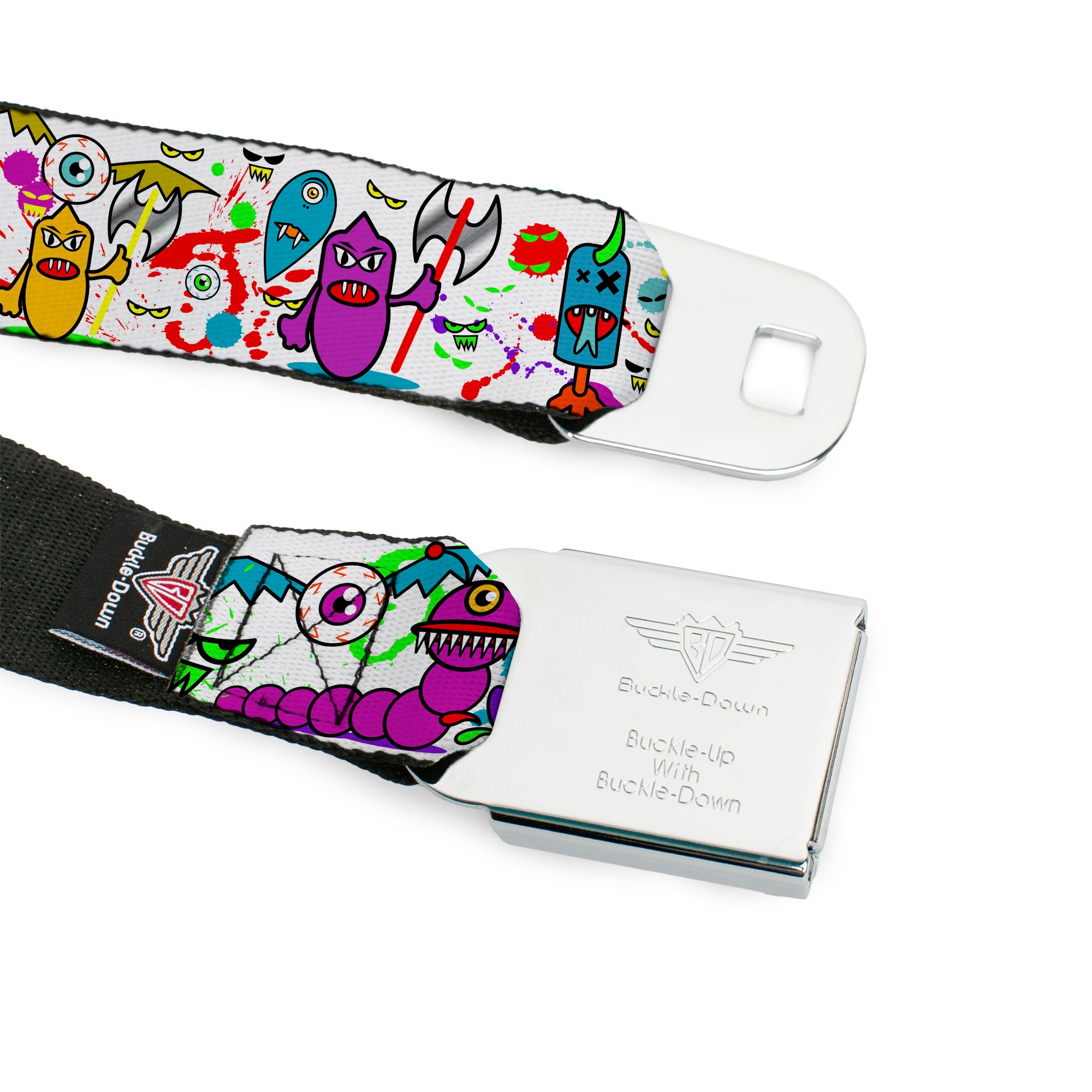 BD Wings Logo CLOSE-UP Full Color Black Silver Seatbelt Belt - Monsters White Webbing Seatbelt Belts Buckle-Down