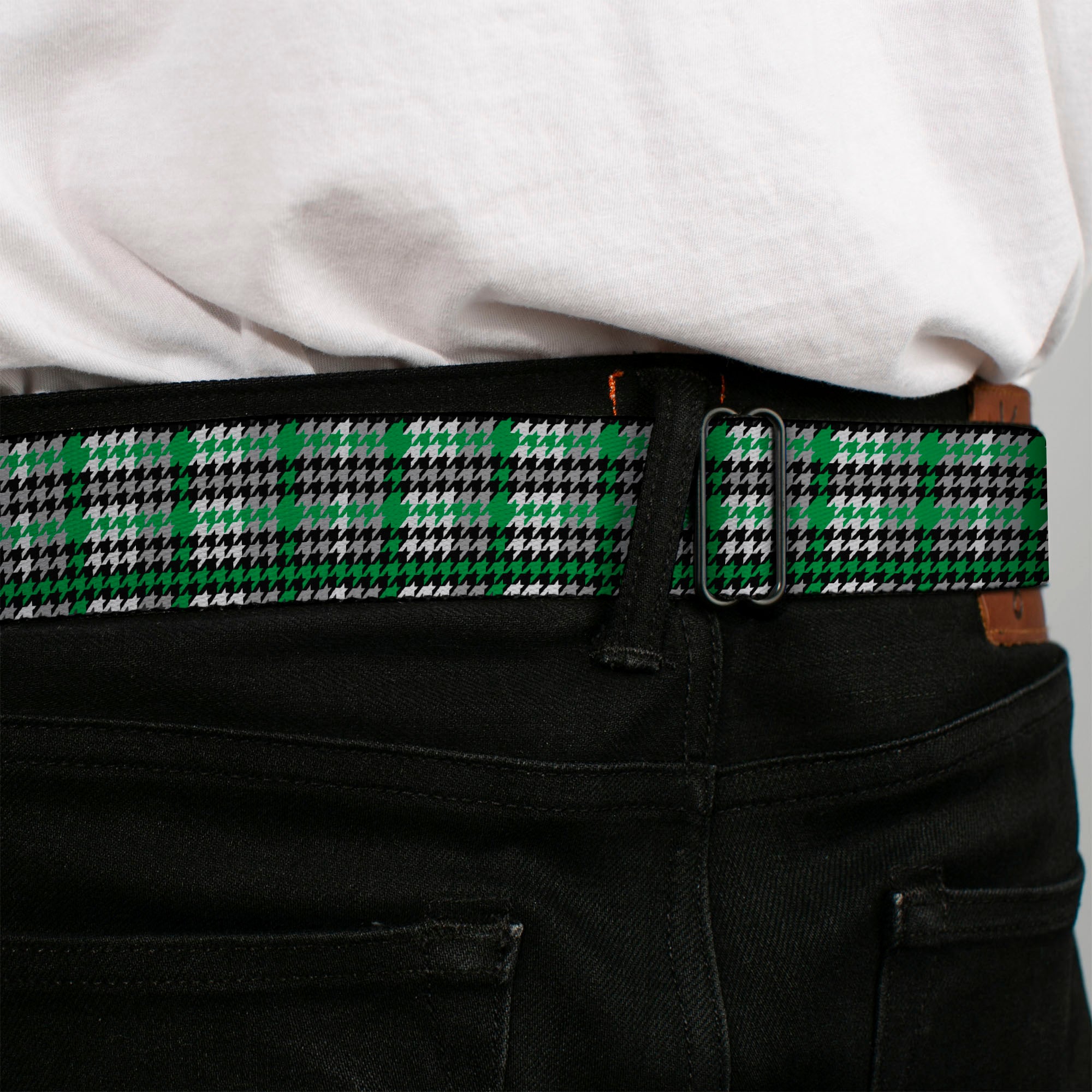 BD Wings Logo CLOSE-UP Full Color Black Silver Seatbelt Belt - Mini Houndstooth Green/Black/Gray Webbing Seatbelt Belts Buckle-Down